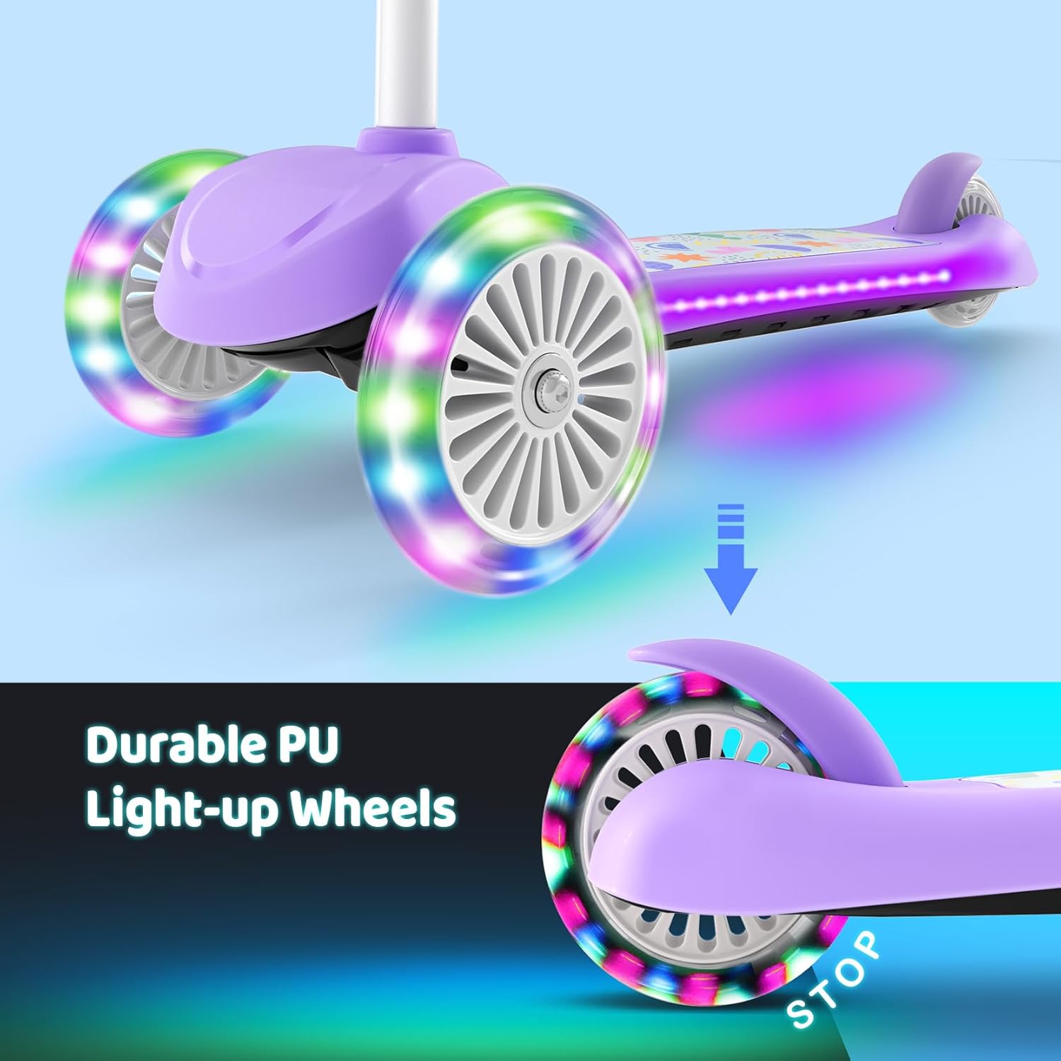 Thumbnail 2 de TONBUX Kids 3-Wheel Scooter (Ages 3–8) with Light-Up Wheels & Adjustable 4-Level Height