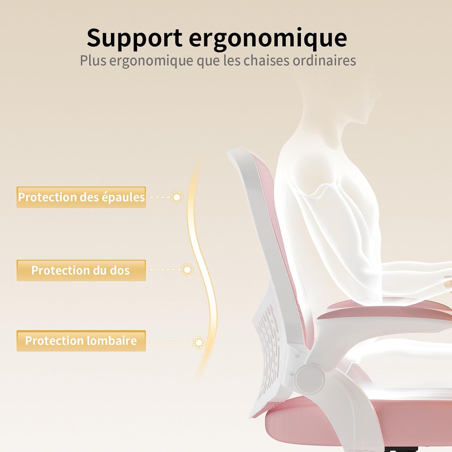 Thumbnail 4 de naspaluro Chaise de bureau ergonomique avec accoudoirs rabattables, dossier avec rangement et pivot 360° (rose)