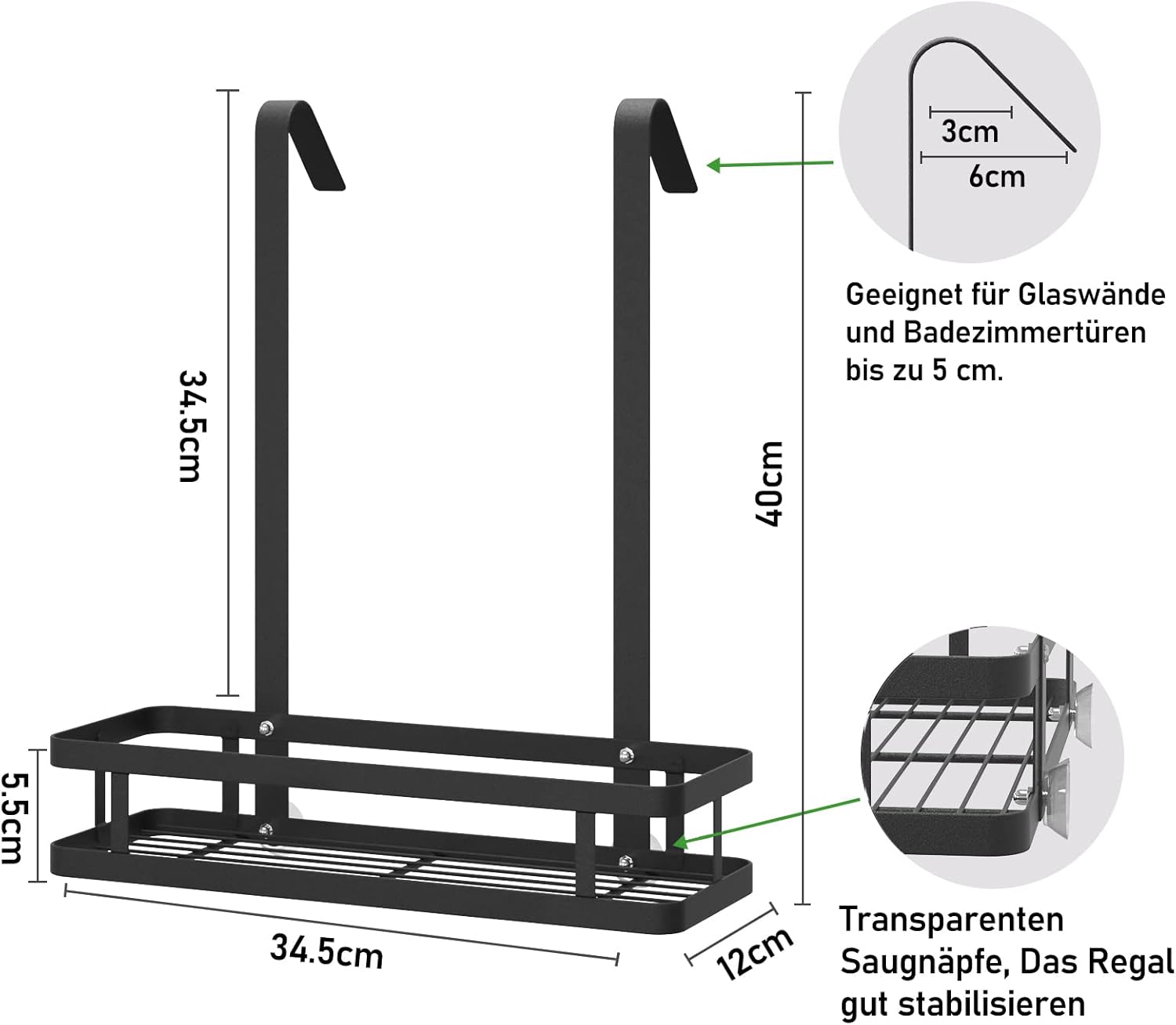 Thumbnail 2 de Bestdon Duschregal/Hängeregal in Schwarz (ohne Bohren) für die Duschwand, 34,5 × 12 × 40 cm
