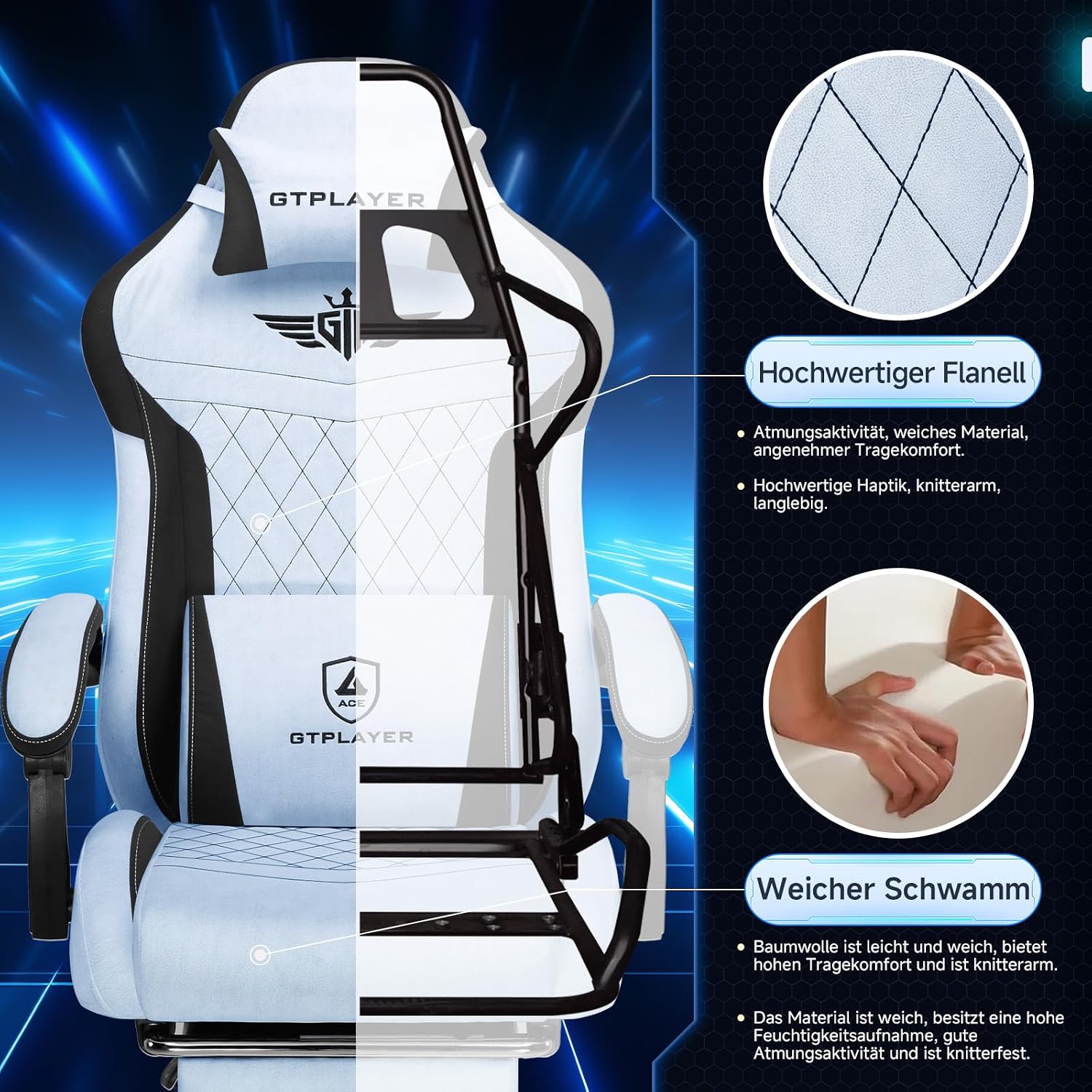 Thumbnail 6 de GTPLAYER Sedia da gaming ergonomica in velluto azzurro con supporto lombare, schienale 150° e poggiapiedi