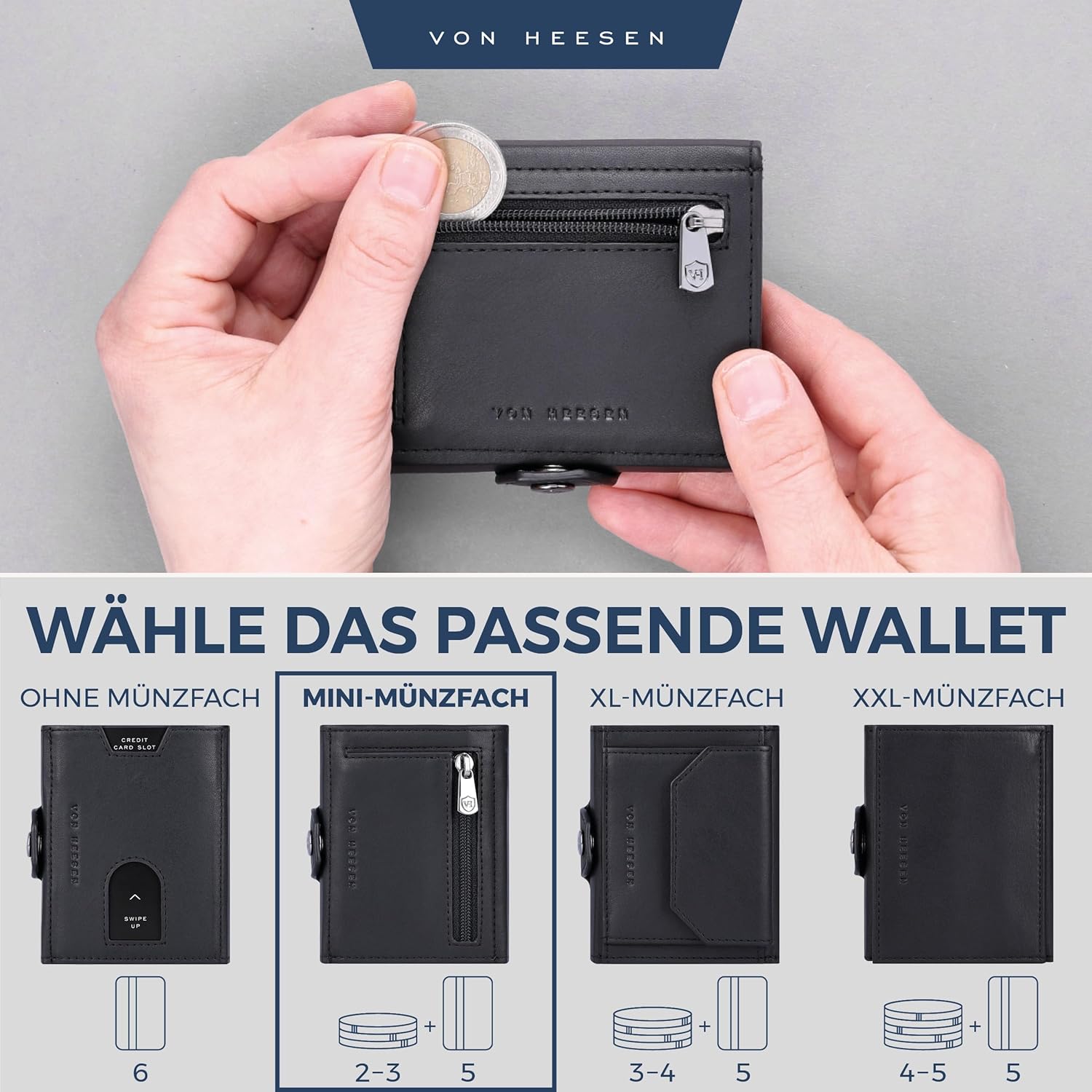 Detalle de VON HEESEN Slim Wallet mit Münzfach & RFID Schutz – Mini Portemonnaie aus Echtleder, Schwarz (Waxy)