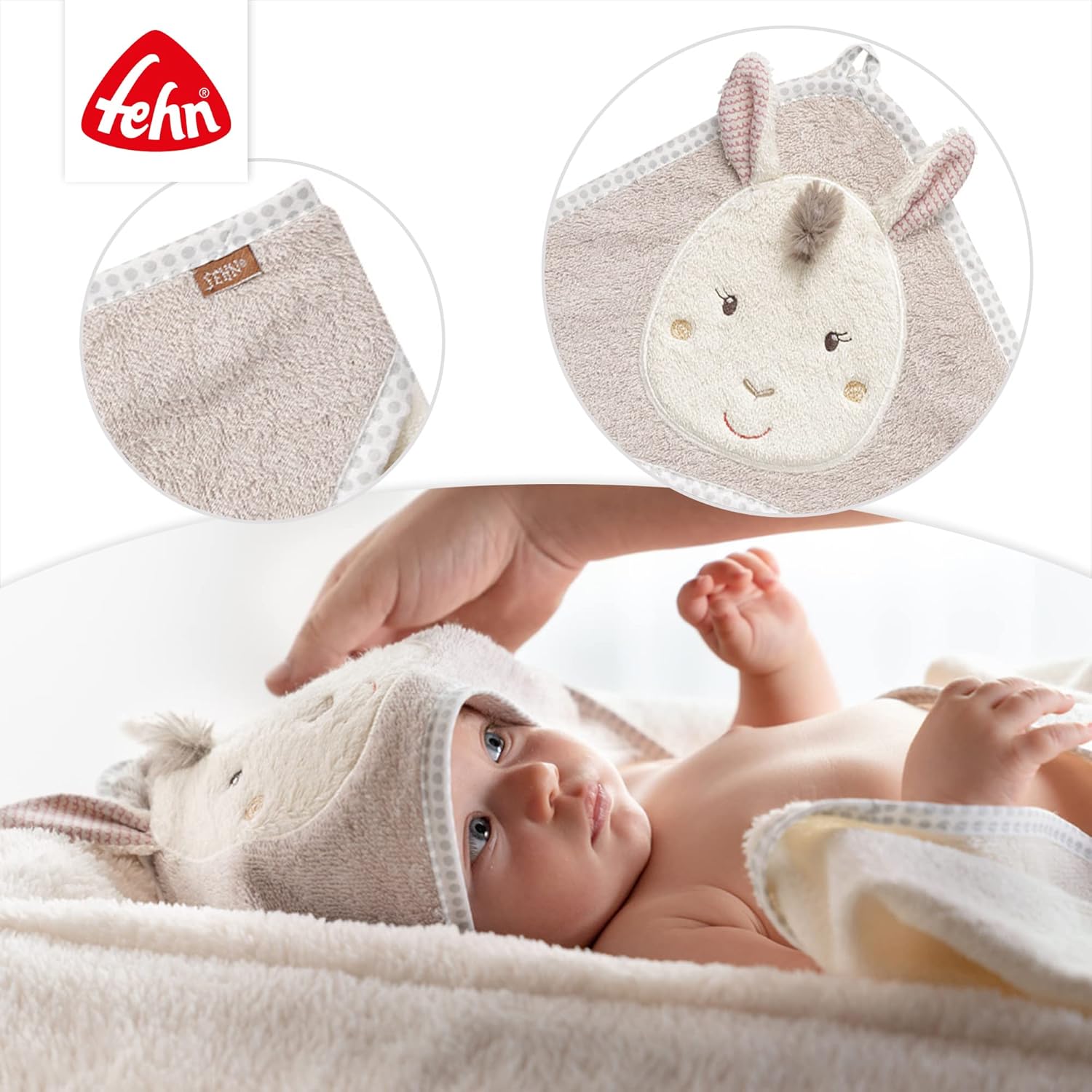 Detalle de Fehn Kapuzenhandtuch Baby Lama – kuscheliges Kapuzen-Tuch für Babyhaut (80 x 80 cm)