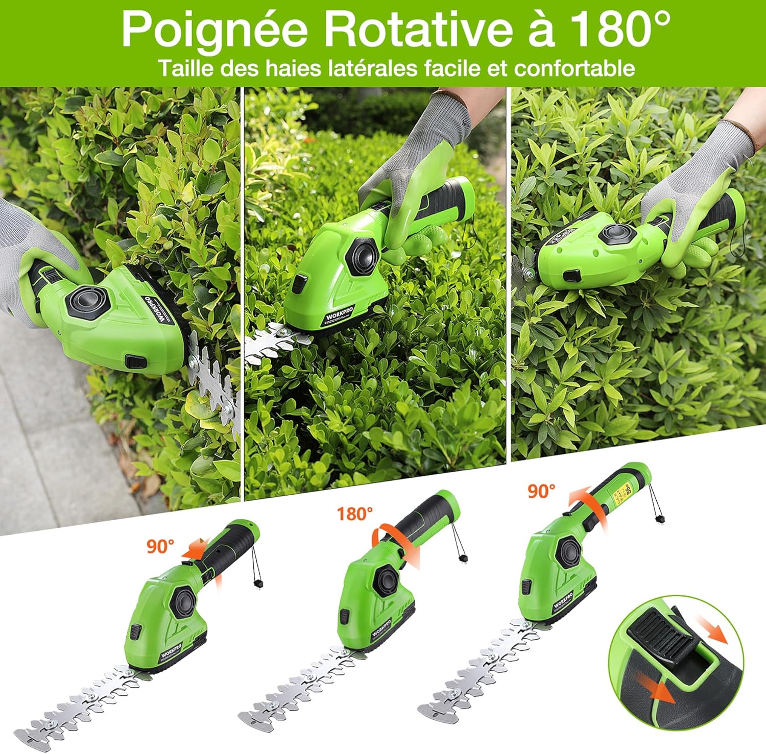 Detalle de WORKPRO Cisaille Sculpte-Haie et Taille-Herbes sans Fil 7,2 V – 2 en 1, 97 mm/140 mm