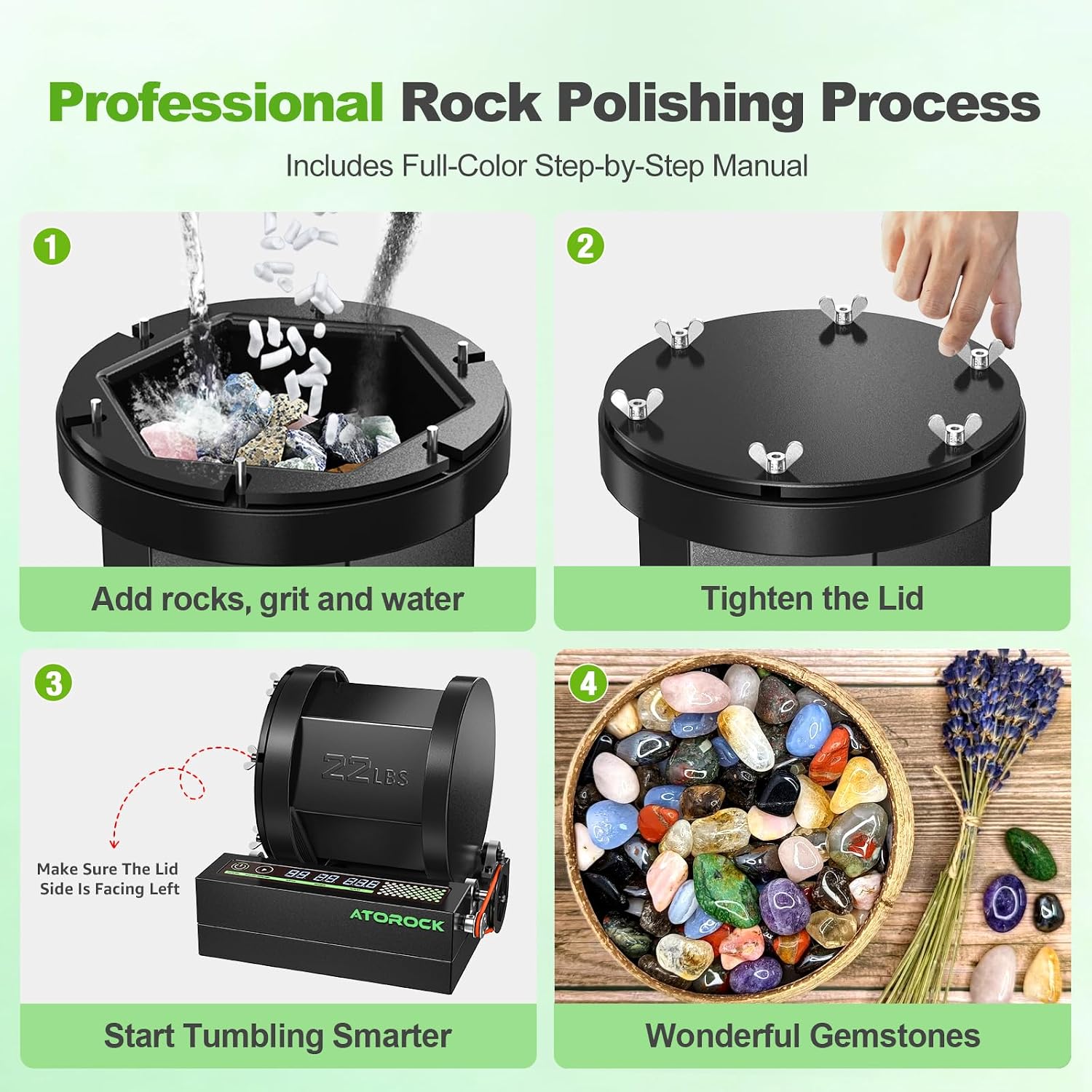 Detalle 2 de AtoRock Professional Rock Tumbler Kit — 22LB Extra-Large Barrel with Brushless Motor, Real-Time Display, Heavy-Duty Metal Base