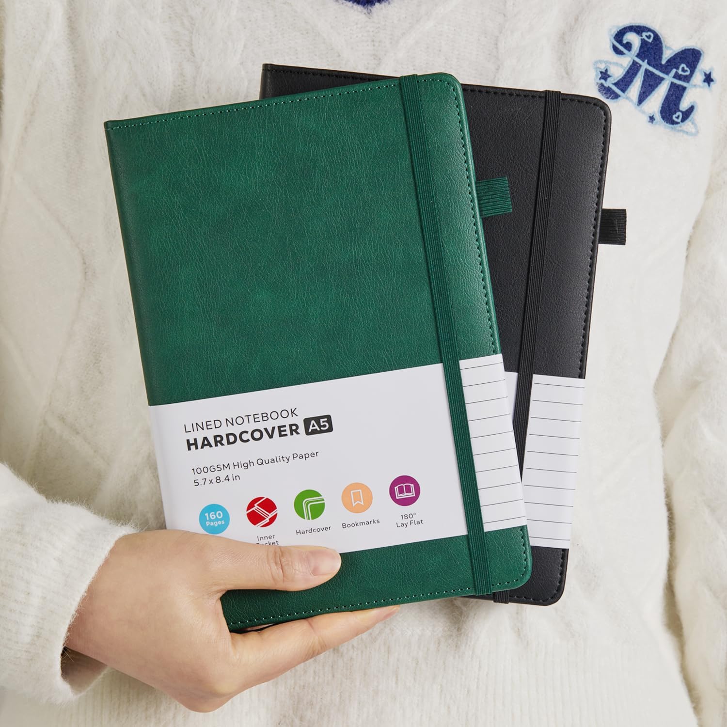 Thumbnail 6 de FOCUS DAY 2 Pack A5 Journal Notebook – Faux Leather, 100gsm, 2 × A5, 14.5 x 21.3 cm, Green & Black
