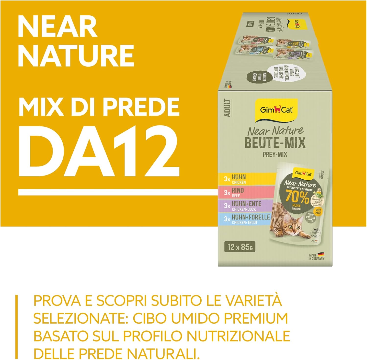 Detalle 2 de GimCat Near Nature Probier-Mix 12: cibo umido senza cereali per gatti dai 7 mesi, 12 bustine da 85 g