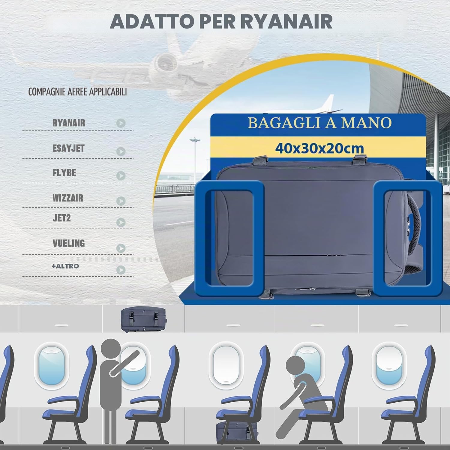 Detalle de VMIKIV Zaino 40x30x20 per Ryanair – Zaino da viaggio 24L con scomparto laptop 14" e tasche multiservizio