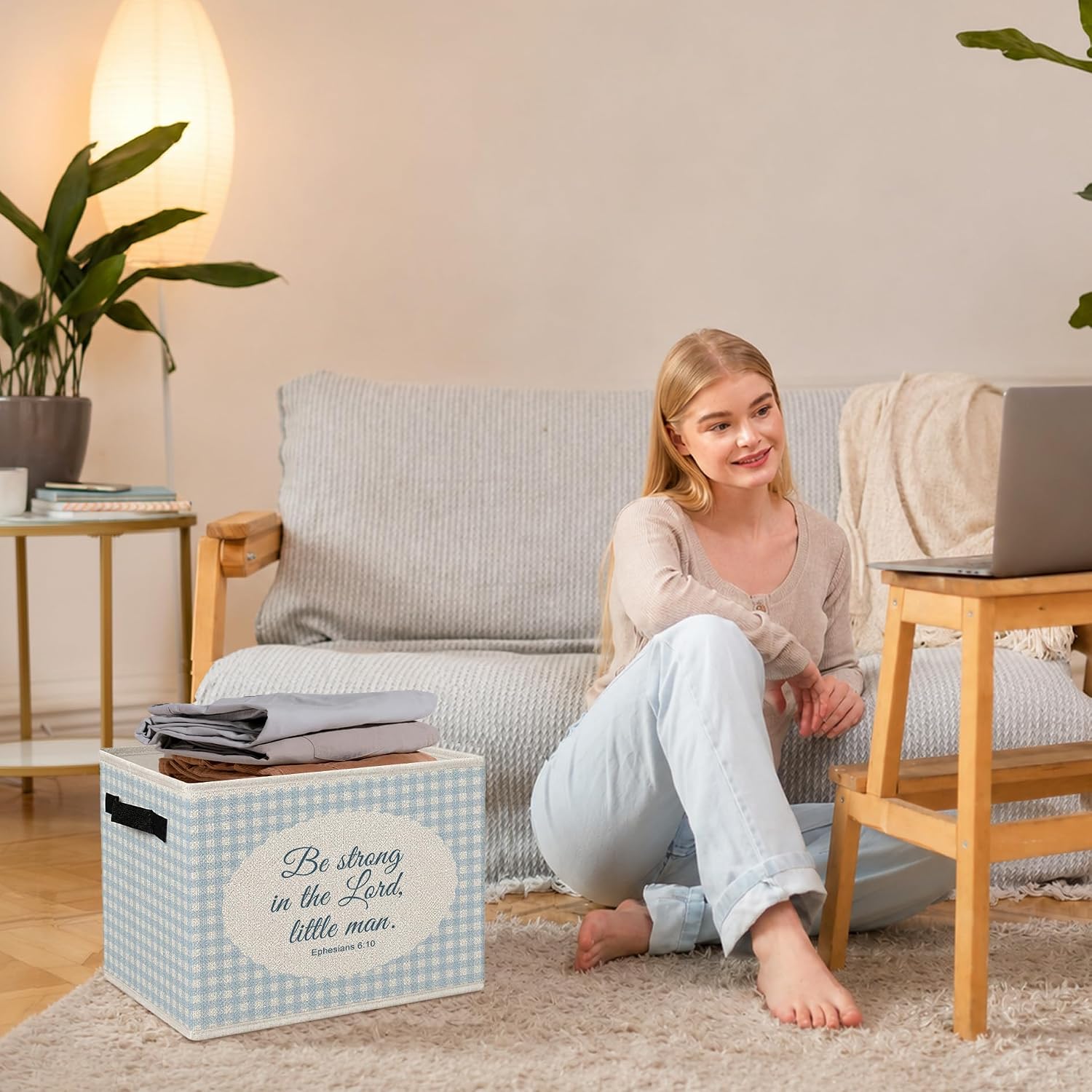 Detalle 2 de BCUANGD 1135 Christian Nursery Storage Bin, Blue Gingham, Foldable Polyester