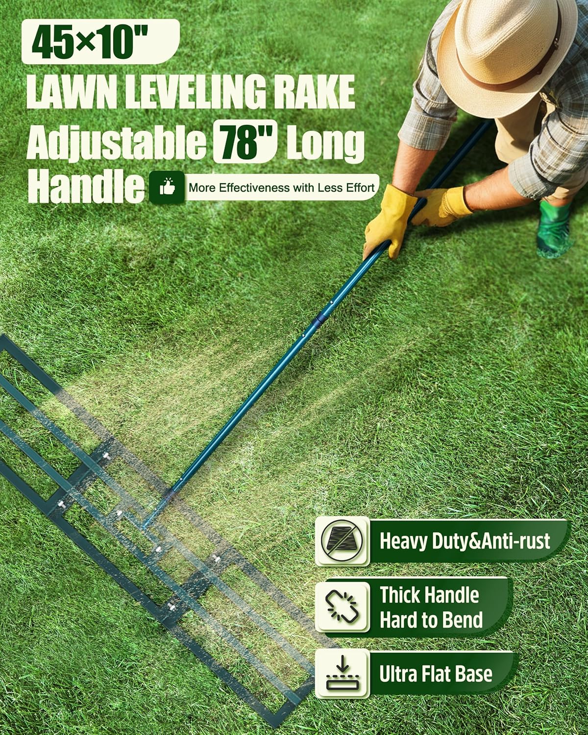 Detalle de Signstek Lawn Leveling Rake: Stainless Steel Ground Plate with long-adjustable handle for level lawns