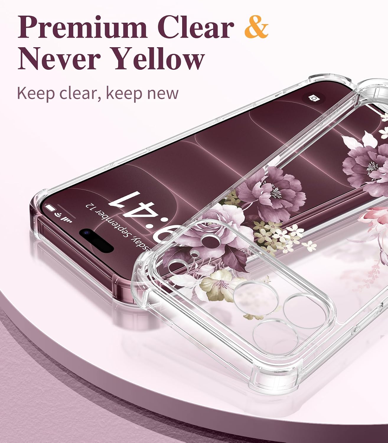 Detalle de GVIEWIN Floral Clear Case for iPhone 18 Pro/17 Pro, Slim with Screen and Camera Protection