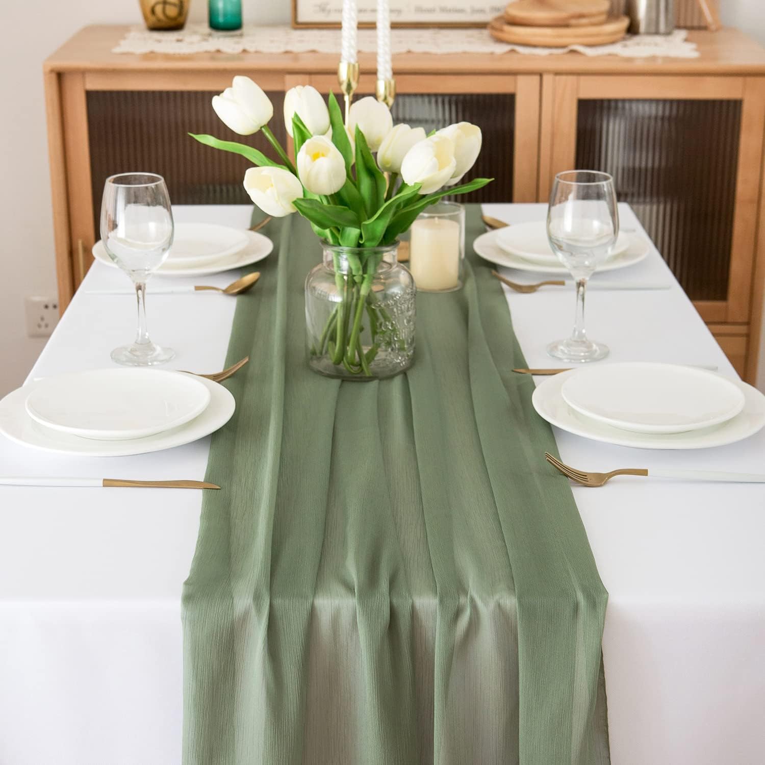 Detalle 2 de CHUQING Tischläufer Grün Chiffon – 70 × 300 cm, Salbeigrün/Hellgrün