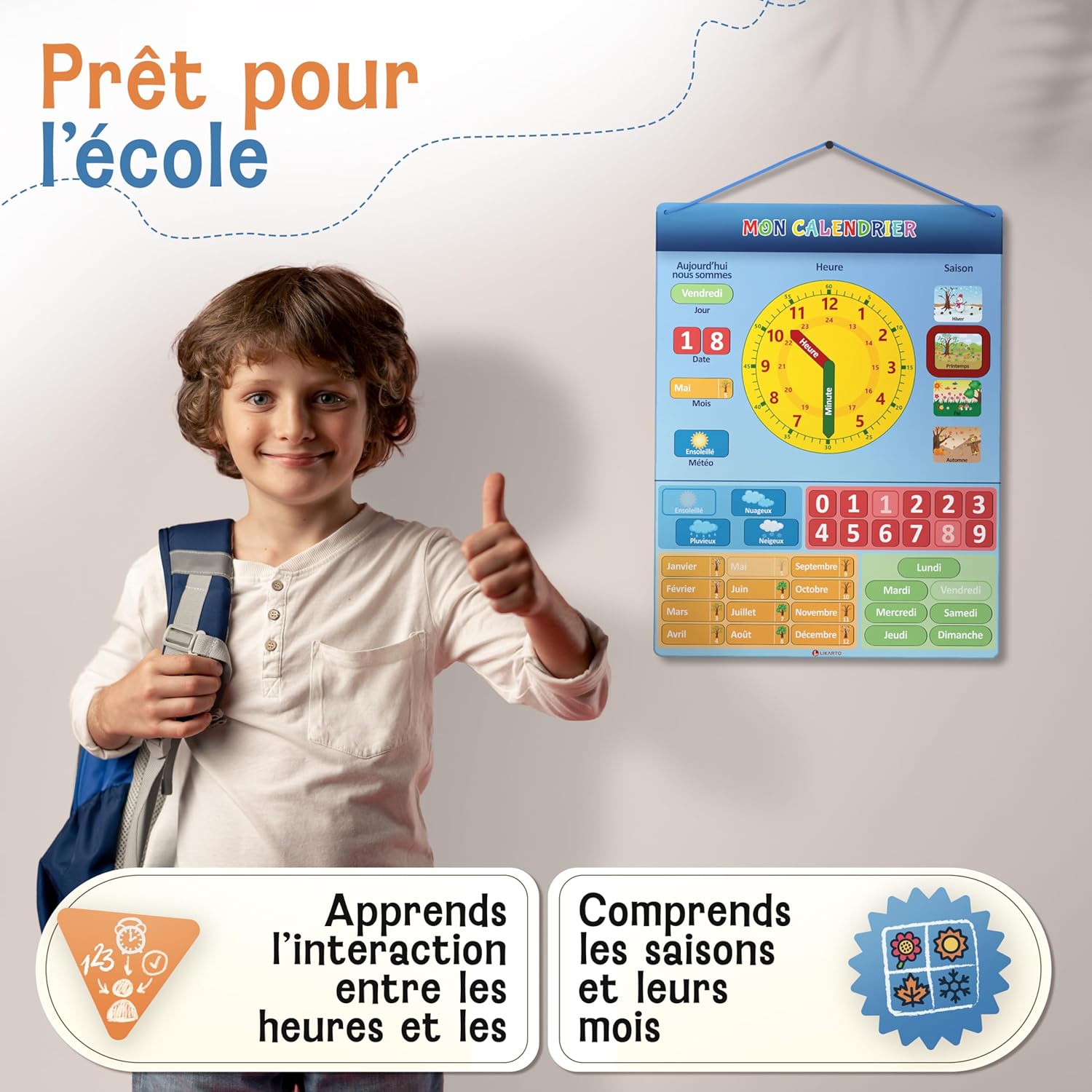Thumbnail 3 de LIKARTO Mon Premier Calendrier – Jeu Éducatif Magnétique pour Enfants (42x32 cm) avec 36 aimants & 20 cartes d’exercices, Horloge et Station Météo