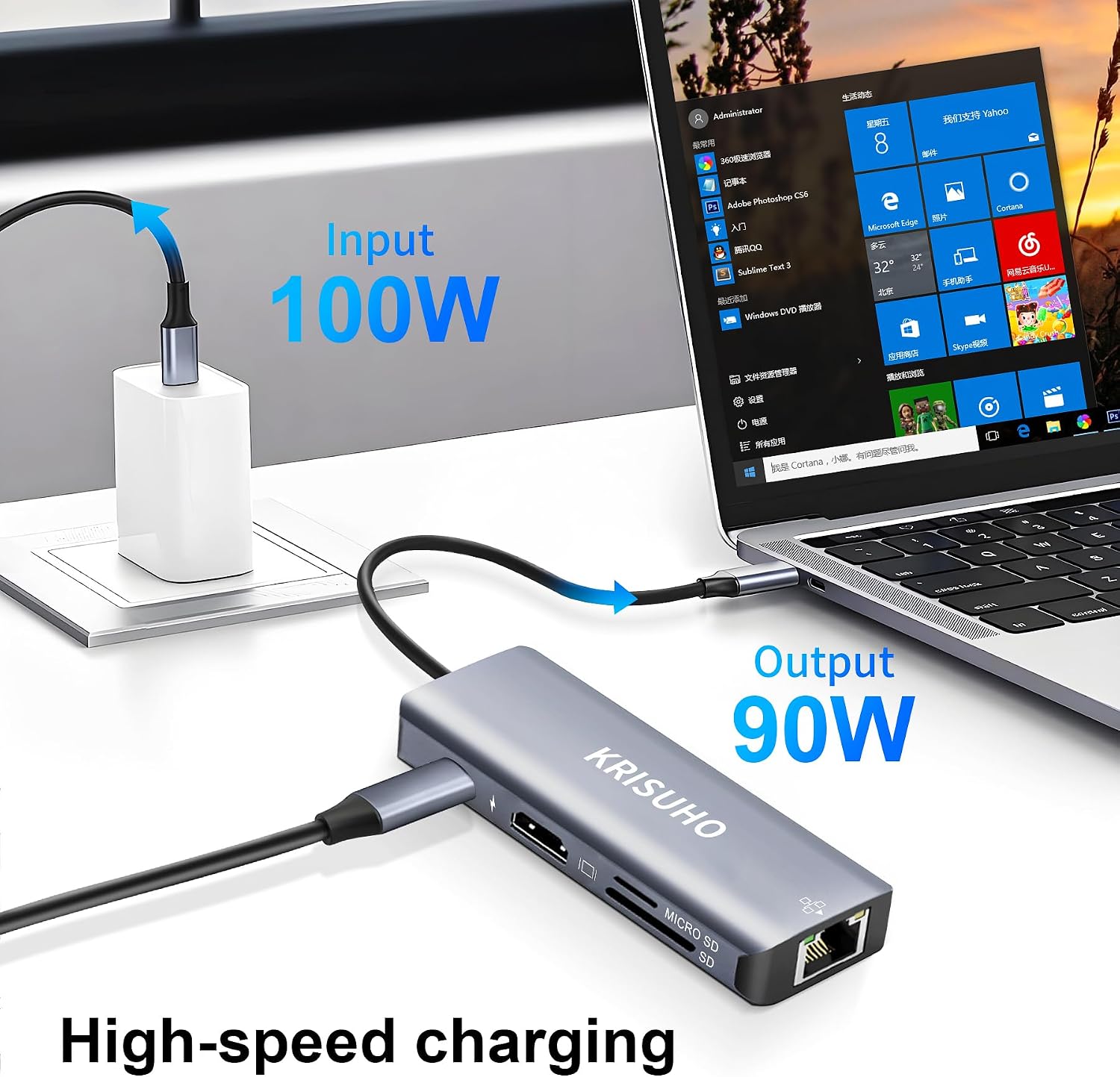 Detalle 2 de KRISUHO USB-C Hub Multiport Adapter (8-in-1) with Ethernet, HDMI 4K and 100W PD