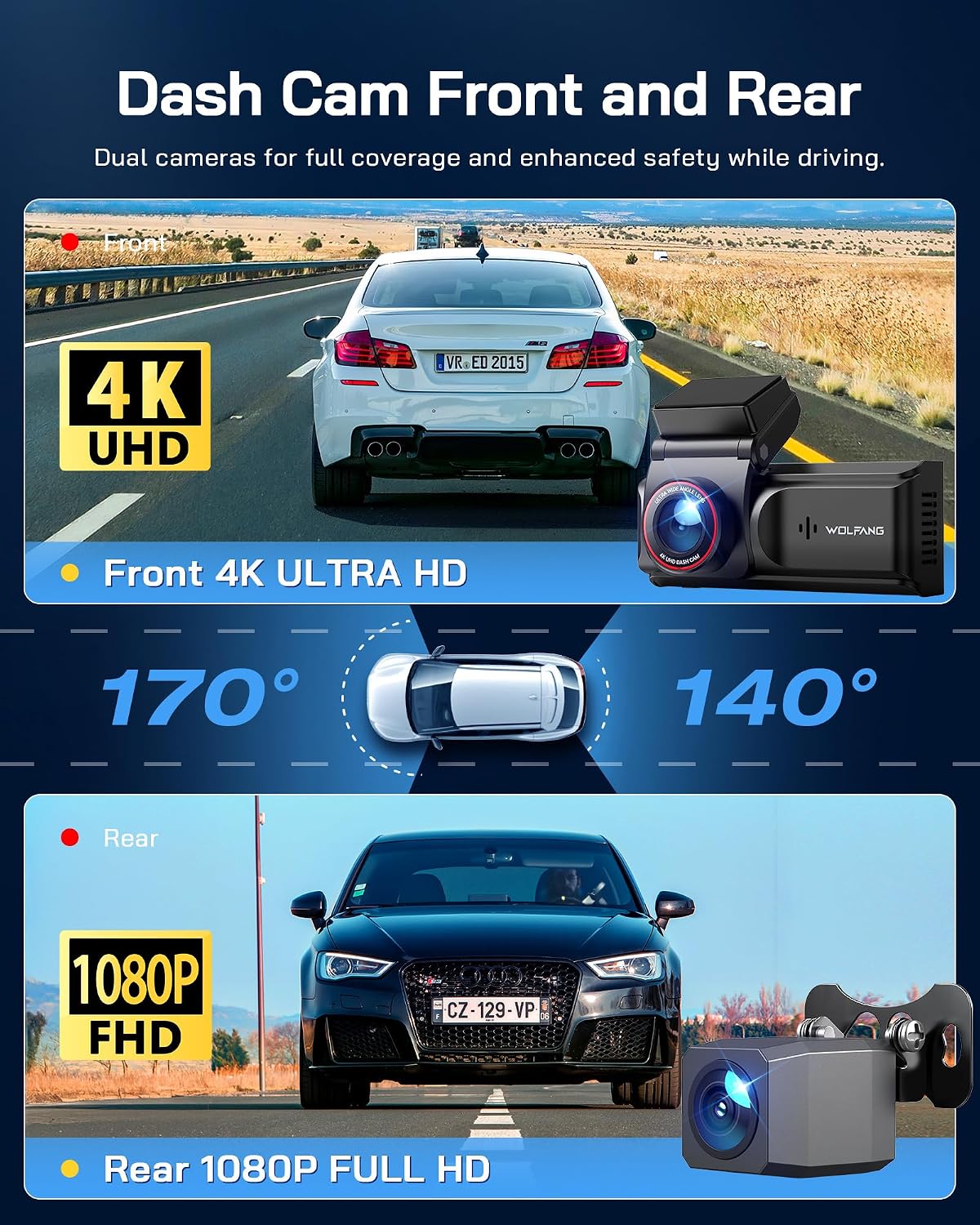 Detalle de WOLFANG 4K Dashcam Auto Vorne & Hinten – Dual‑Cam mit WLAN, 3" IPS Bildschirm, 170° Weitwinkel