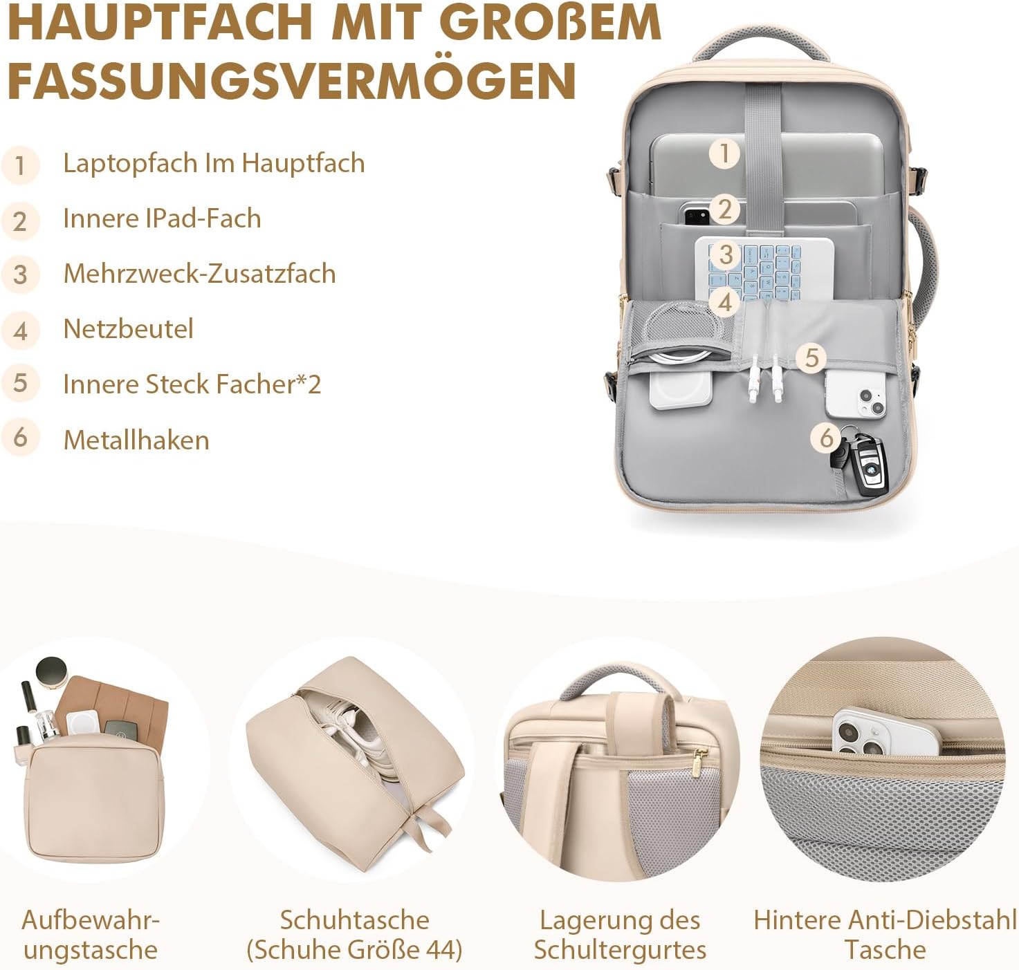 Thumbnail 4 de VNINE 40L Reiserucksack – Großer Handgepäck Rucksack mit Wasserabweisendem Nassfach, erweiterbar auf 39L