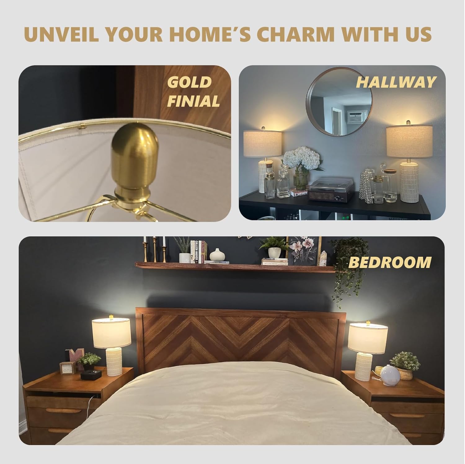 Detalle 2 de PoKat 20.75" Small Ceramic Table Lamps (Set of 2) for Bedroom, White Bedside Nightstand Lamps
