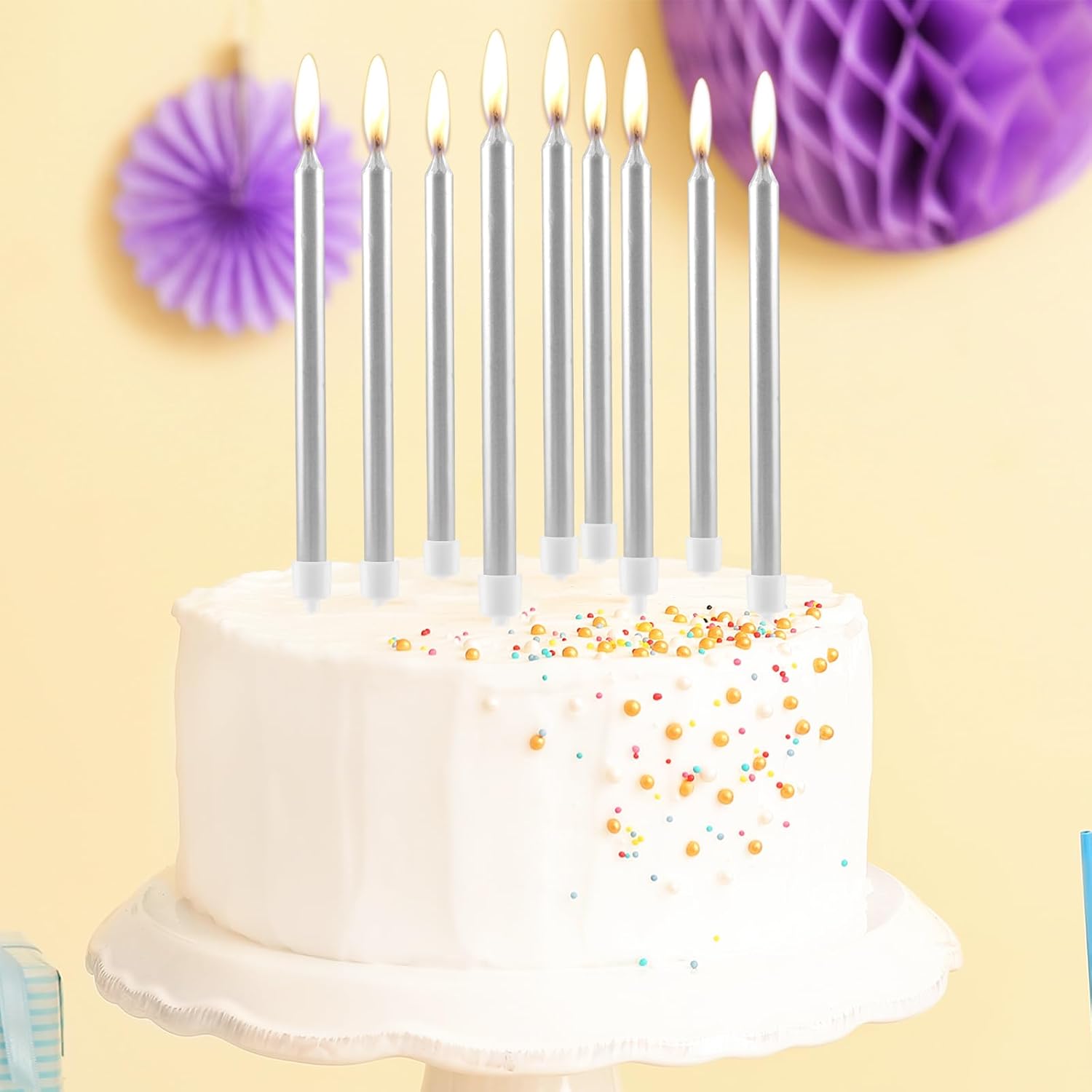 Thumbnail 3 de Glitter Silvery Birthday Candles for Cakes (24 pcs, 10cm) with Holders – long skinny cake toppers