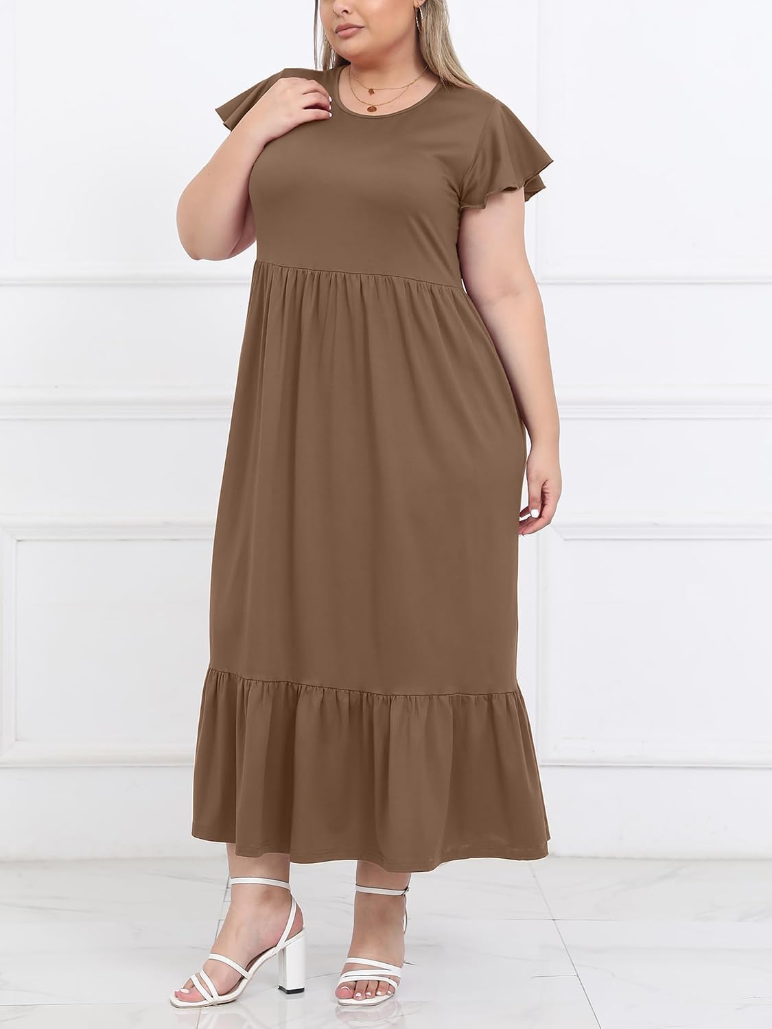 Detalle de Moon Wood Damen Sommerkleid Kurze Ärmel Rundhals – Locker, Elegant und Grössenauswahl
