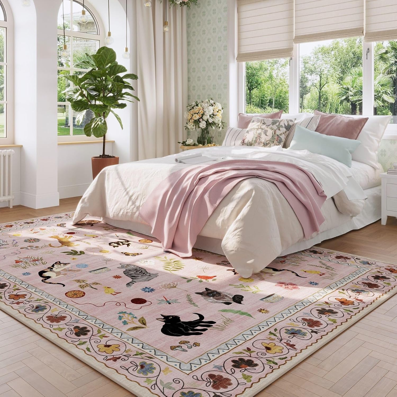 Thumbnail 2 de Rugcomf Boho Floral Animal Living Room Rug, 5x7 Machine Washable Low Pile (Pink)