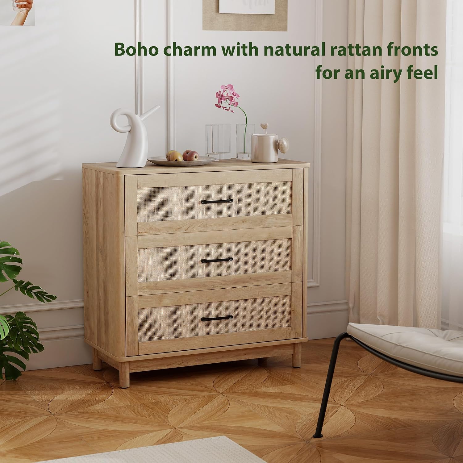Detalle 2 de HOMCOM 83D-049V00AK Bohemian Rattan Chest of Drawers, Oak, 3 Drawers