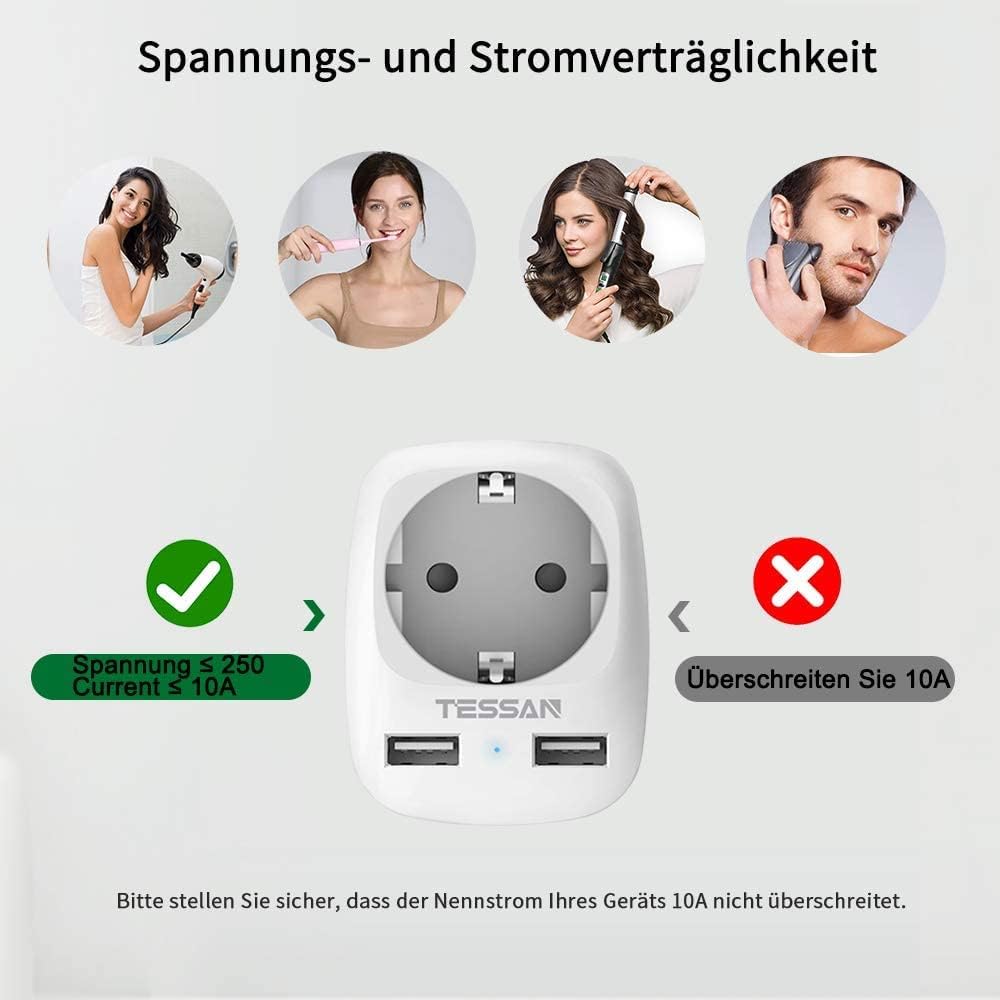 Detalle de TESSAN 2er-Reiseadapter für Australien/Neuseeland (Typ I) mit 2× USB – Steckdosenadapter für unterwegs