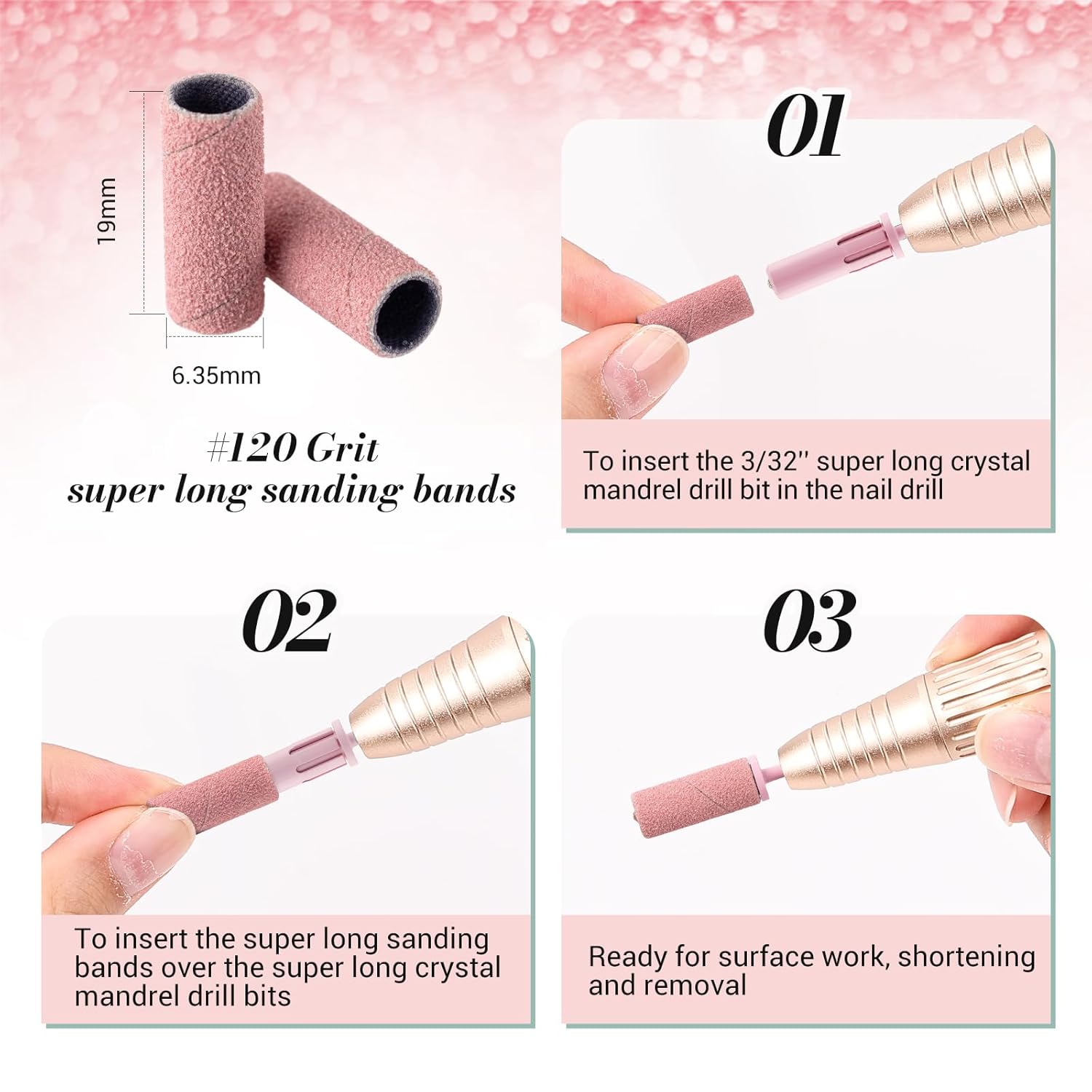 Thumbnail 3 de MelodySusie 120 Stück Schleifhülsen für Nagelfräser (3,1 mm Mandrel) – Rosa, Körnung 80–240