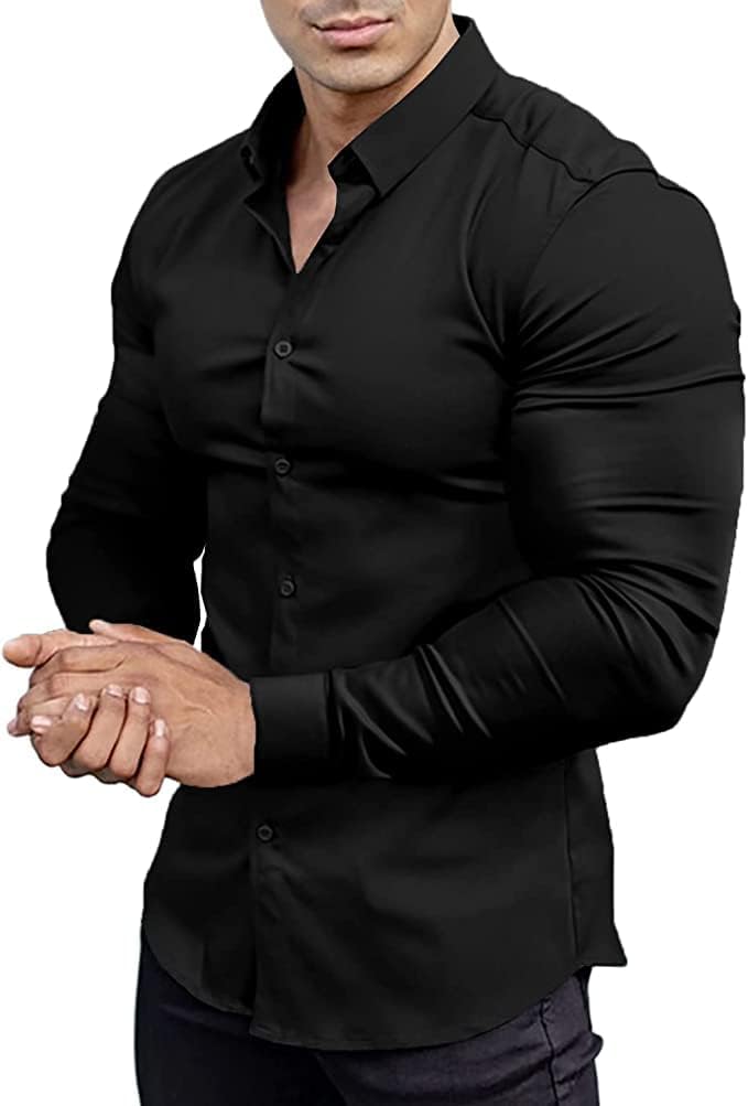 Detalle de EOUOSS Men’s Muscle Fit Dress Shirt with Stretch – Slim Athletic Long Sleeve