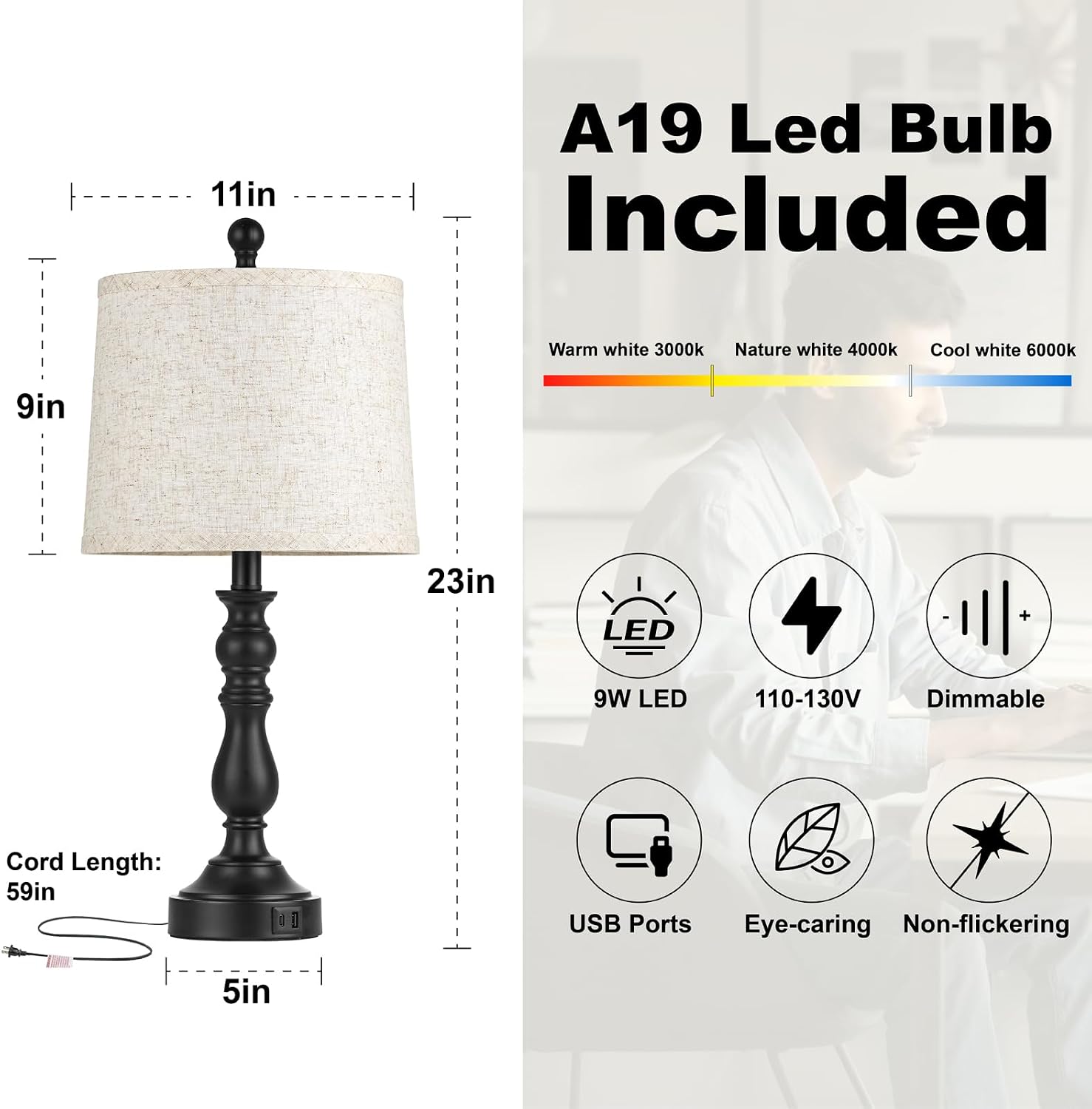 Detalle 2 de Leasgy L-2T-138-A Table Lamp Set of 2 with USB-C/A Ports and 3 Colour Temperatures