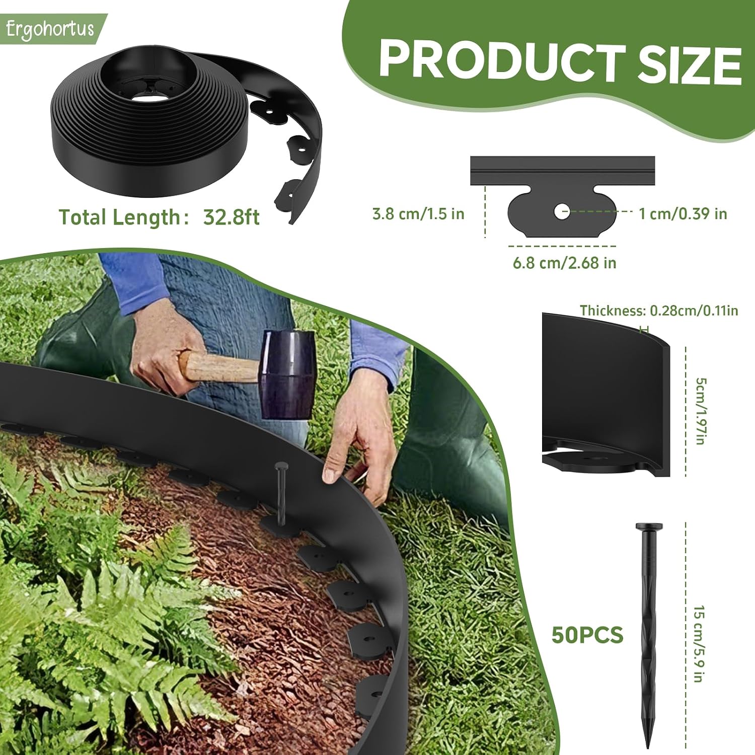 Thumbnail 1 de Ergohortus Lawn Edging – 10m Garden Border with 50 Pegs, Black