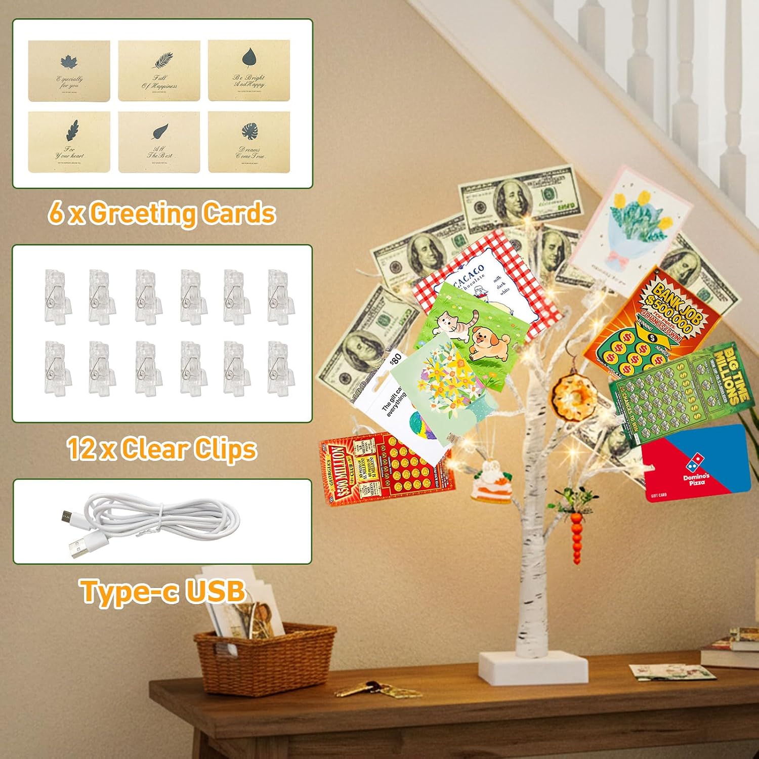 Detalle 2 de PEIDUO Set of 2 Money Trees, 22-Inch White Gift Holders with Warm LEDs