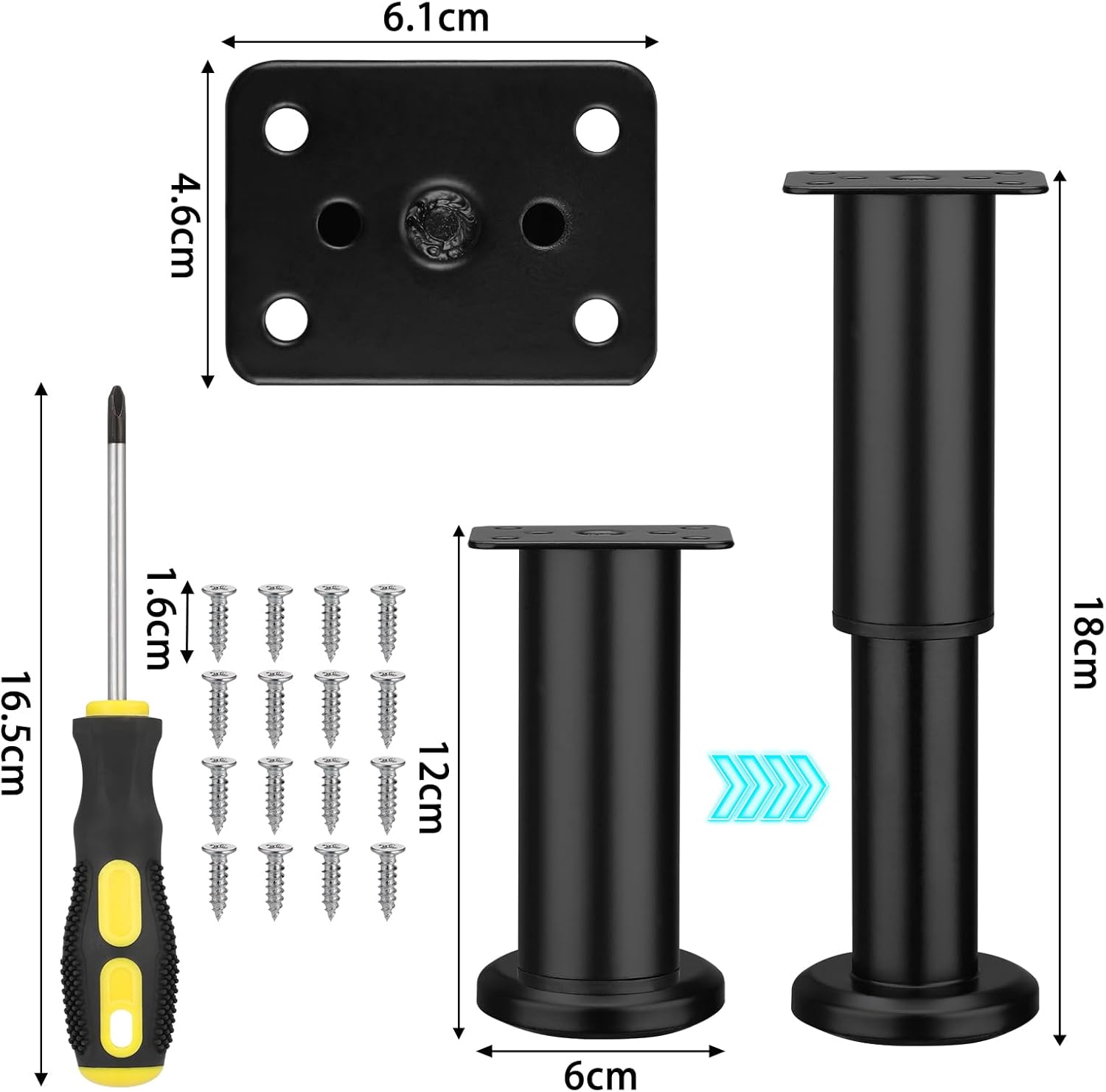 Detalle de Zocipro 4 Pack Heavy Duty Adjustable Furniture Legs – Black Metal Cabinet Legs (12-18cm) with 16 Screws