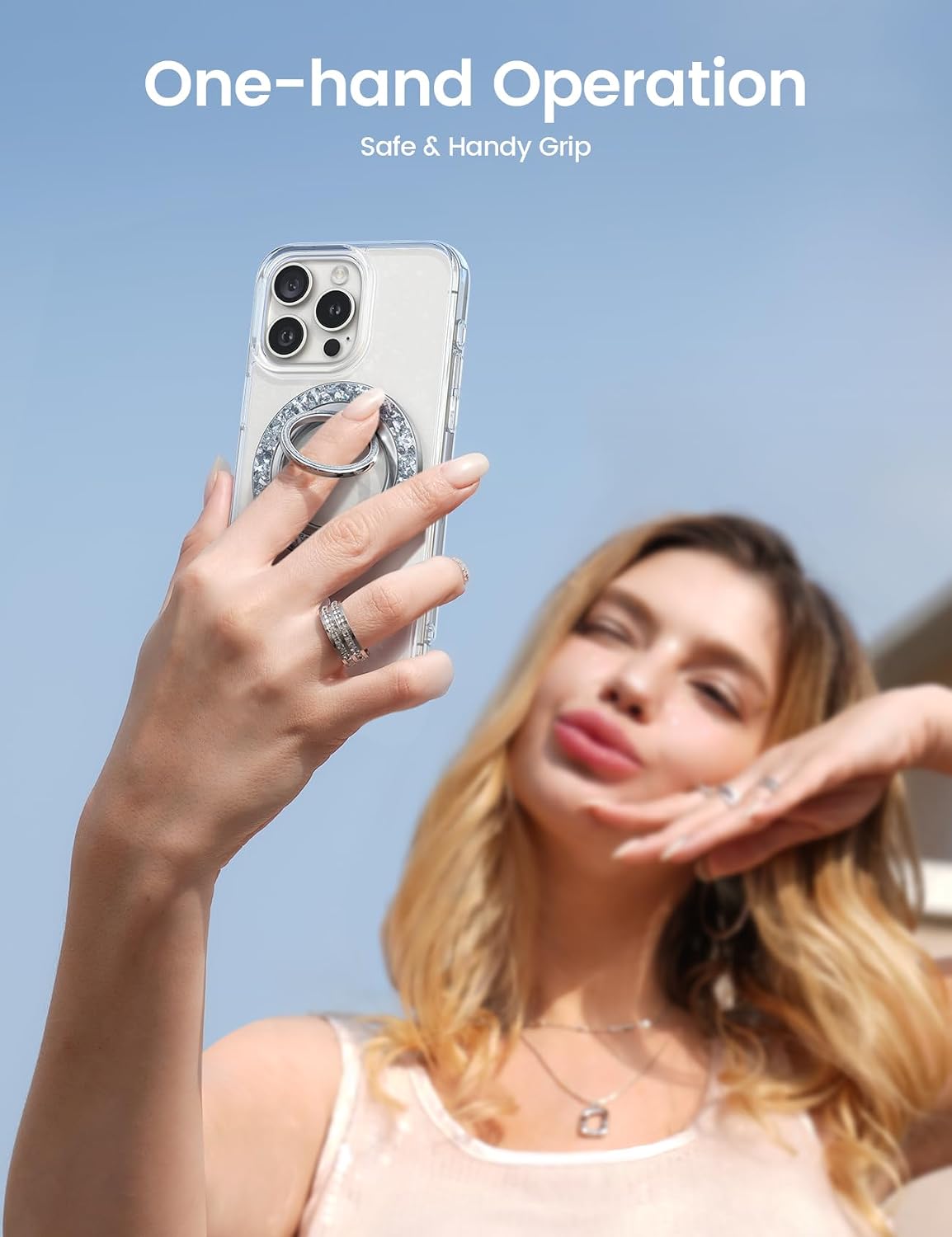 Detalle de Lamicall Bling Magnetic Phone Ring Holder for MagSafe (Silver) – 360° rotating MagSafe grip stand