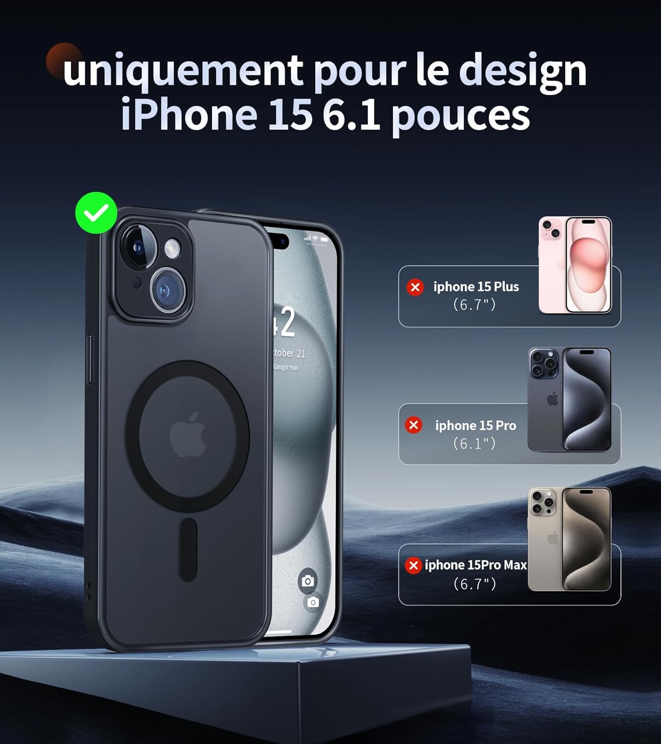Thumbnail 1 de FLLAO Coque Magnétique pour iPhone 15 avec 2 Verres Trempés et Protection d’Objectif – Noir translucide, MagSafe