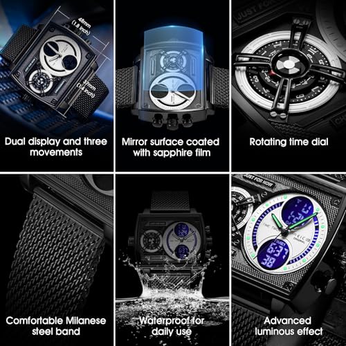 Detalle 2 de FEICE Reloj Cuadrado Multifuncional para Hombre FK814 47 mm: esfera grande analógico–digital en acero inoxidable