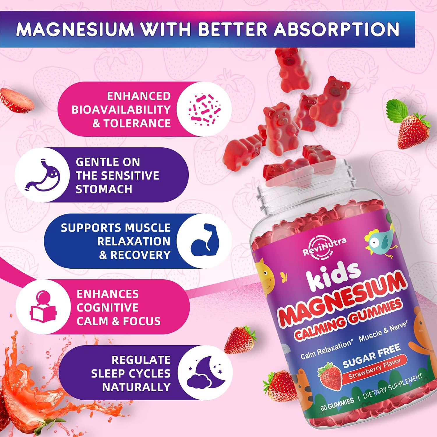 Detalle de ReviNutra Magnesium Gummies for Kids, Strawberry, Sugar-Free, 2-Pack