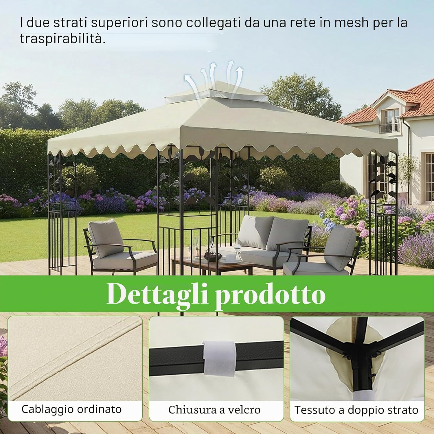 Detalle de OKYUK Tetto di ricambio per gazebo 3x3 m con rete traspirante, doppio tetto impermeabile e fori di drenaggio