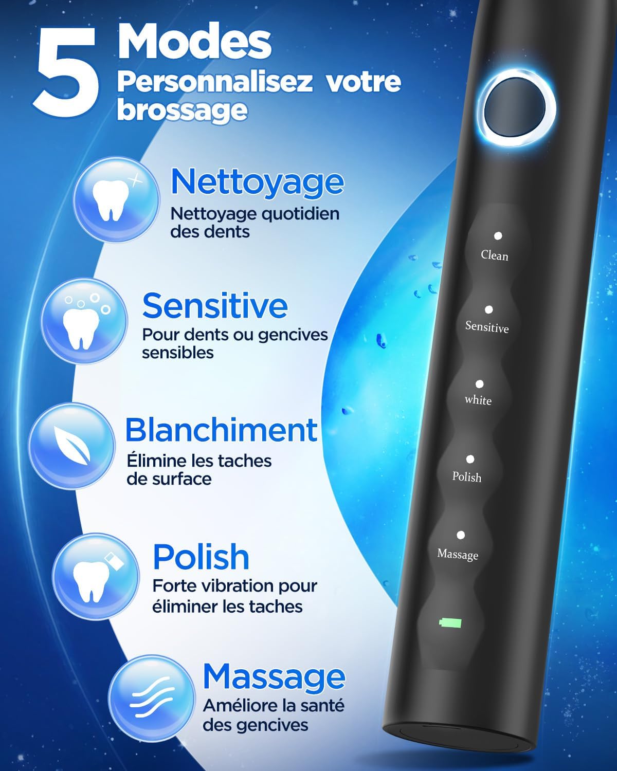 Detalle 2 de Brosse à dents électrique sonique adulte 8 têtes, 5 modes 🪥