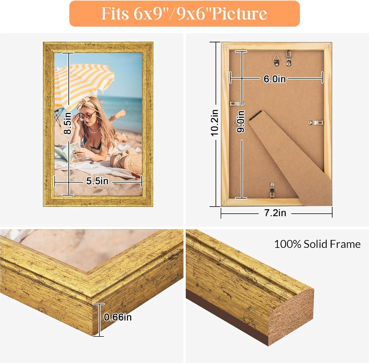Detalle de MOUDAMION Wood 6x9 Frame Gold — Ornate Natural Wood, 6x9/9x6 Inch Picture Frame