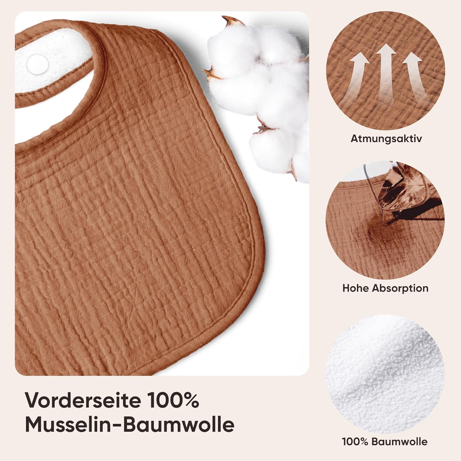 Detalle 2 de Bearmoss Musselin-Lätzchen 8er-Set: 100% Baumwolle, verstellbare Druckknöpfe, quadratisch