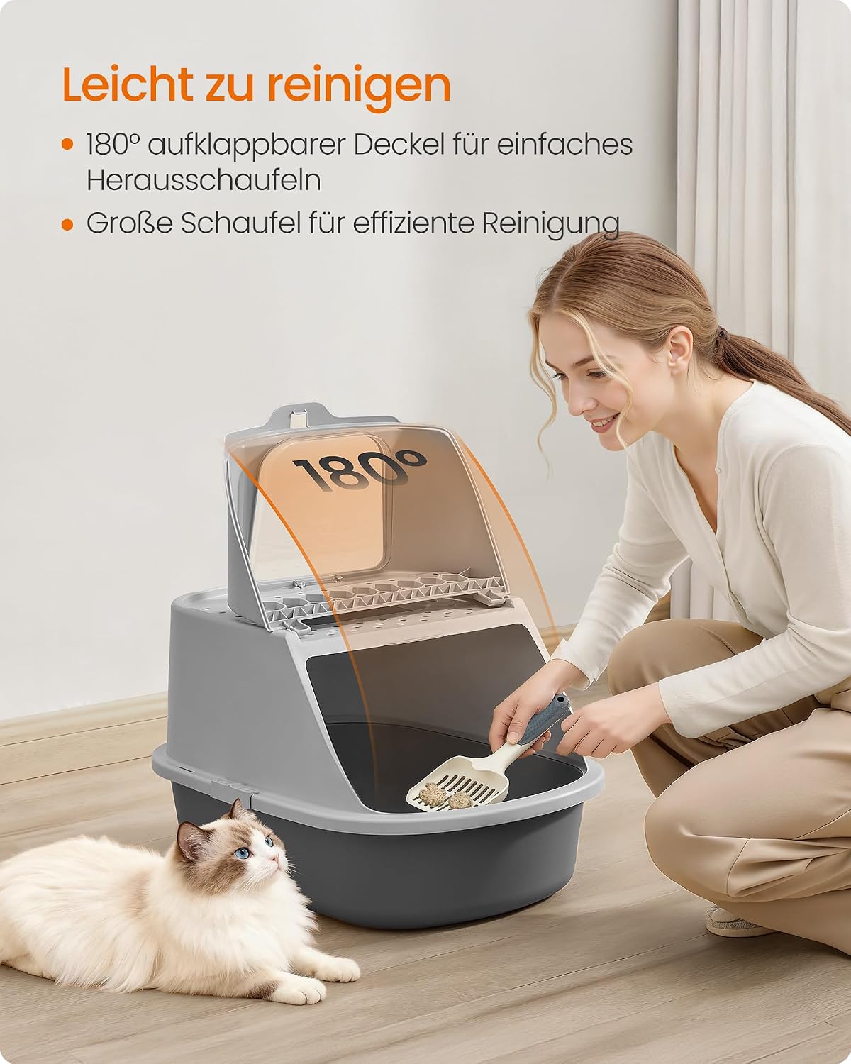 Detalle de Feandrea Katzenklo groß XXL – Katzentoilette mit Deckel, Schaufel und Bürste, bis 15 kg