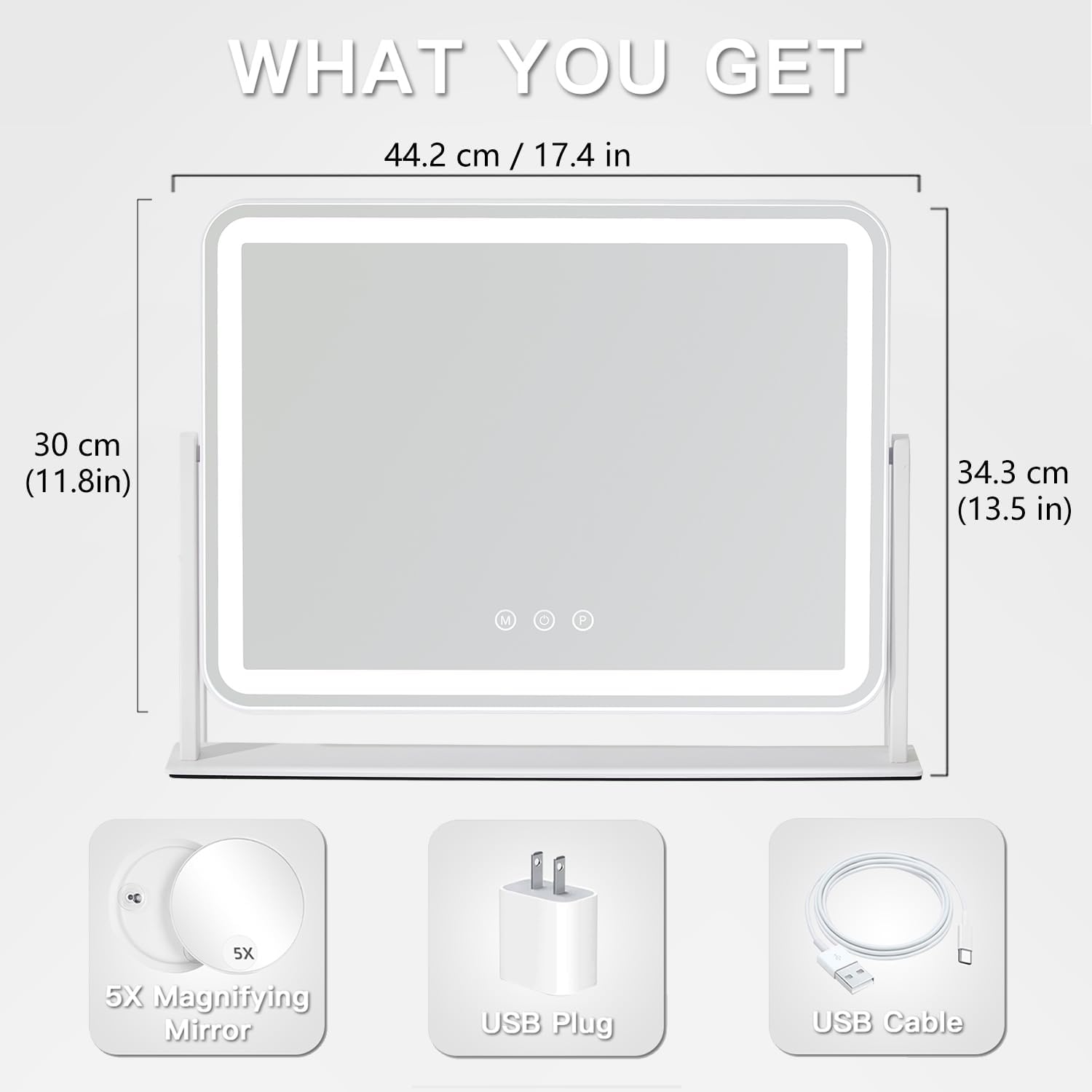 Detalle de HIEEY Vanity Mirror with Lights: 13.5" x 17.4" 3-Color Lighting, 5X Magnification, and 360° Rotation