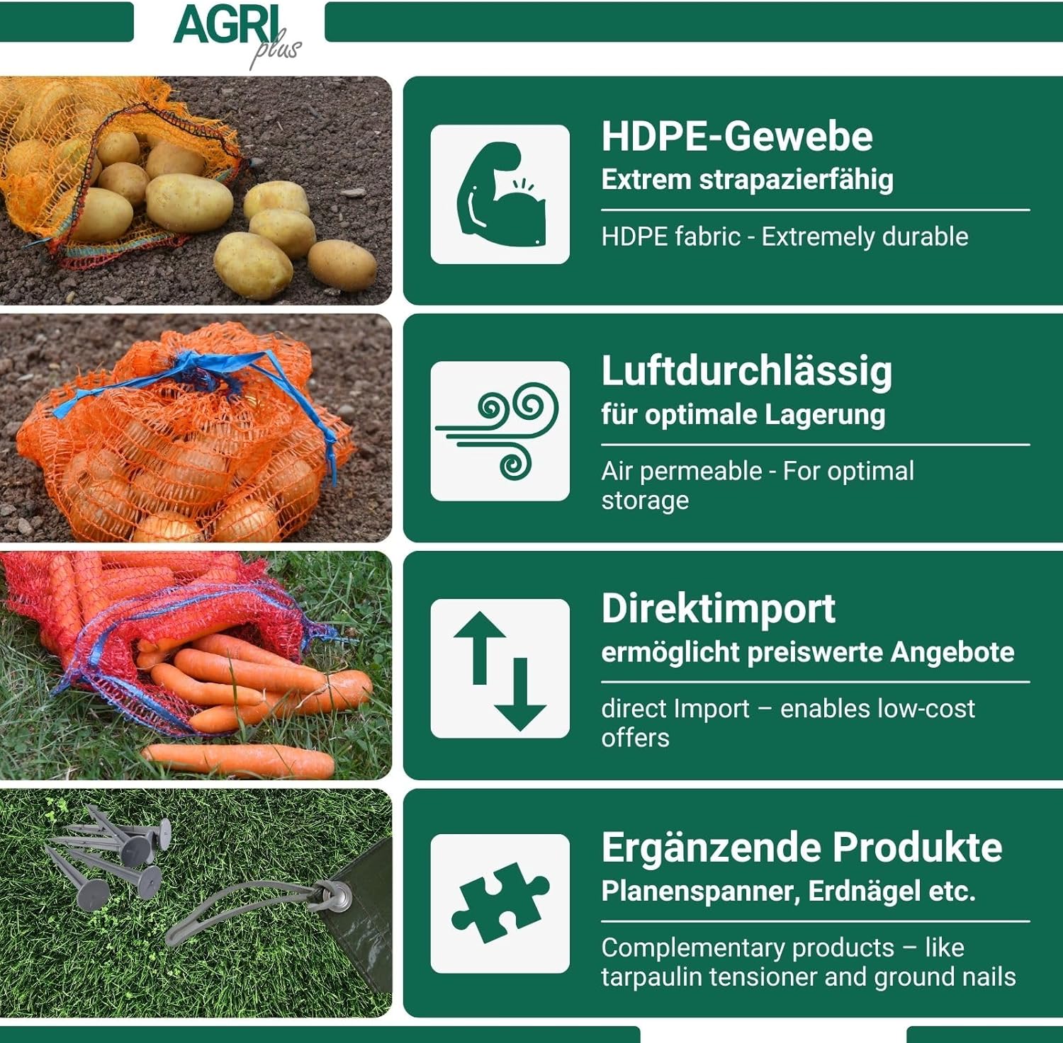 Detalle 2 de AGRI plus Kartoffelsäcke 100 Stück goldgelb 50 x 80 cm mit Zugband – robustes Netzgewebe, 25 kg Fassungsvermögen
