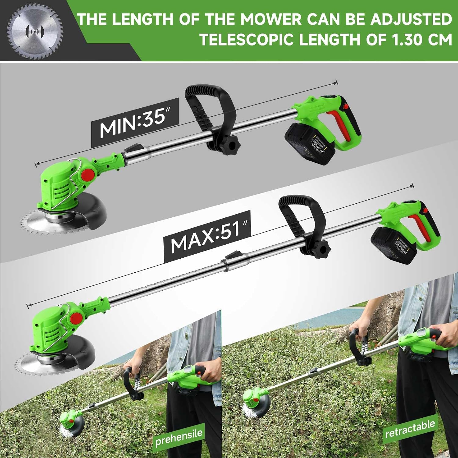 Detalle de 21V Cordless Strimmer with 2x2.0Ah Batteries: 3-in-1 Lawn Care, Telescopic & Height-Adjustable