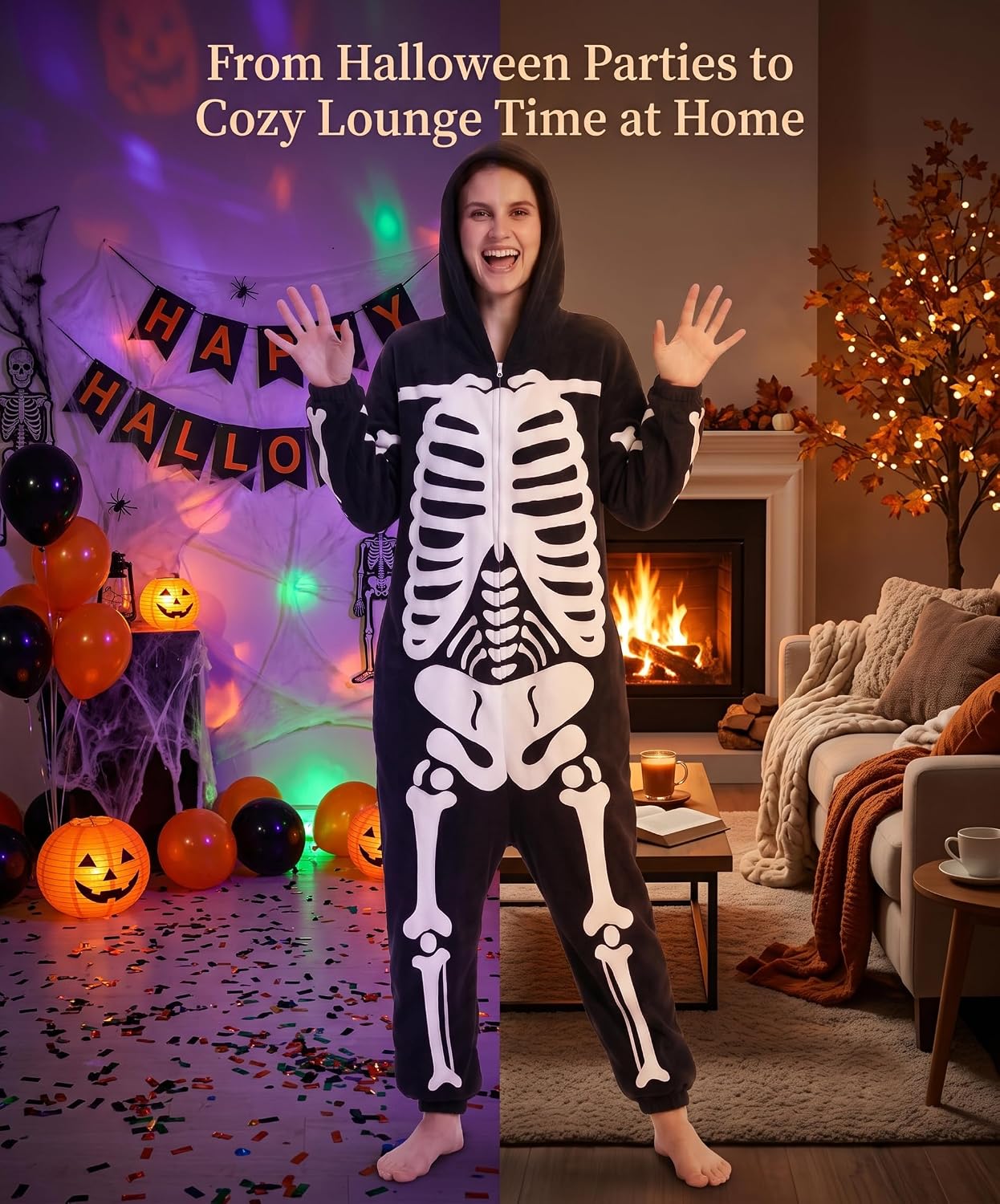 Detalle 2 de Hundredmore Adult Skeleton Onesie Pajamas with Plush Fabric, Zip Front and Pockets
