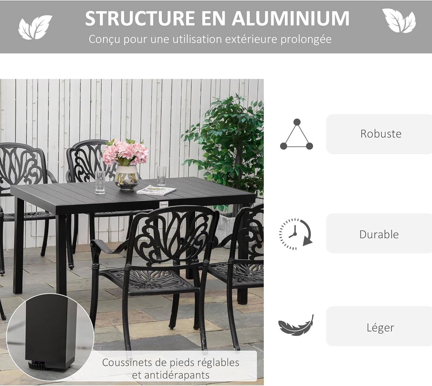 Detalle de Outsunny Table à Manger de Jardin pour 6 Personnes — Table extérieure en Aluminium, 140 × 90 × 74 cm, Noir