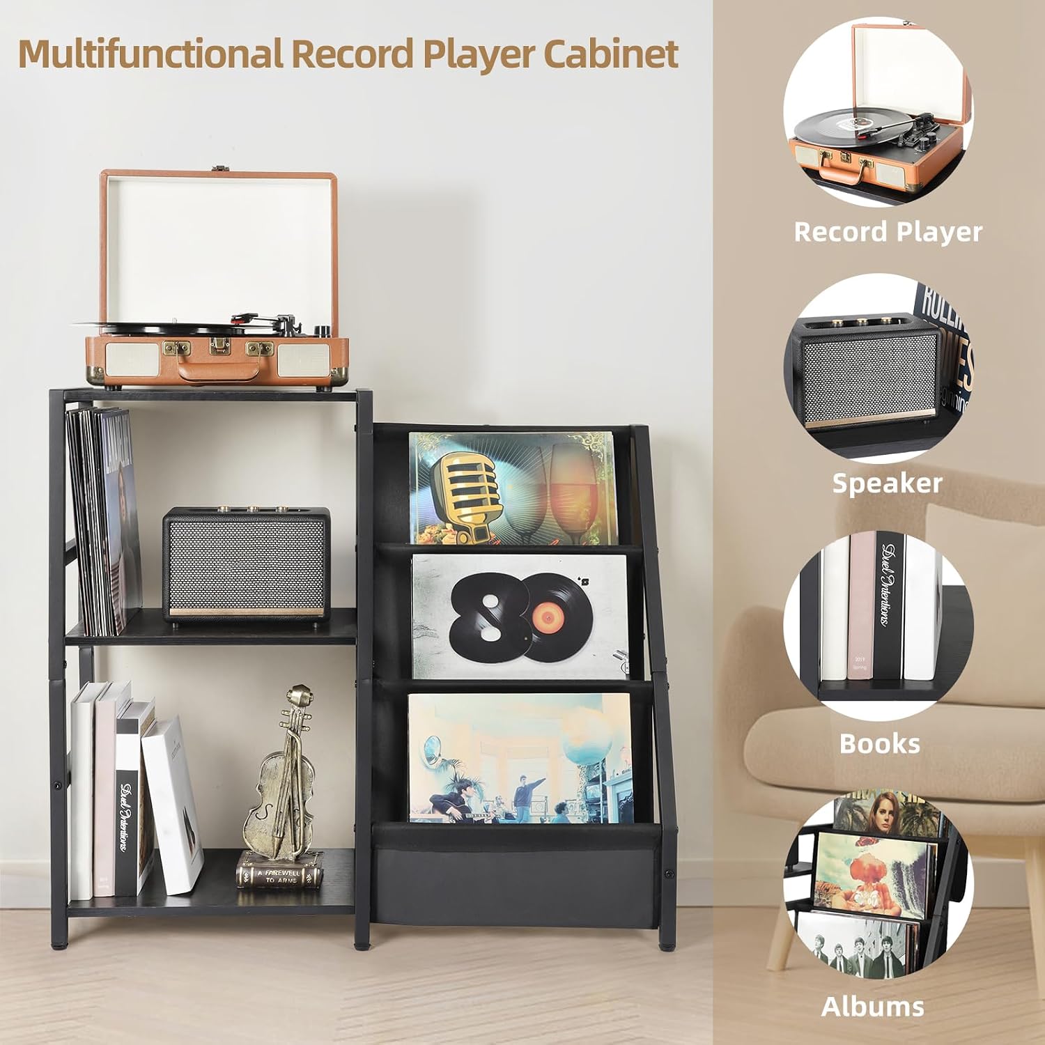 Detalle de Bikoney BKNY-SHELF-001 platenkast voor 200 albums, 3 niveaus, zwart