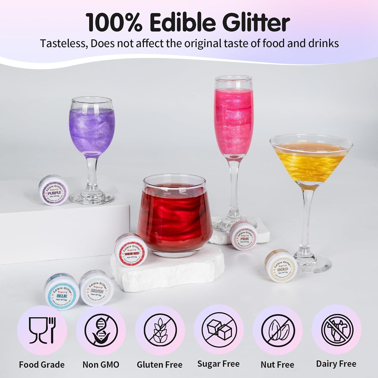 Detalle de Essbares Glitzer Set, 6 Farben – essbarer Schimmerstaub für Kuchen, Getränke und mehr