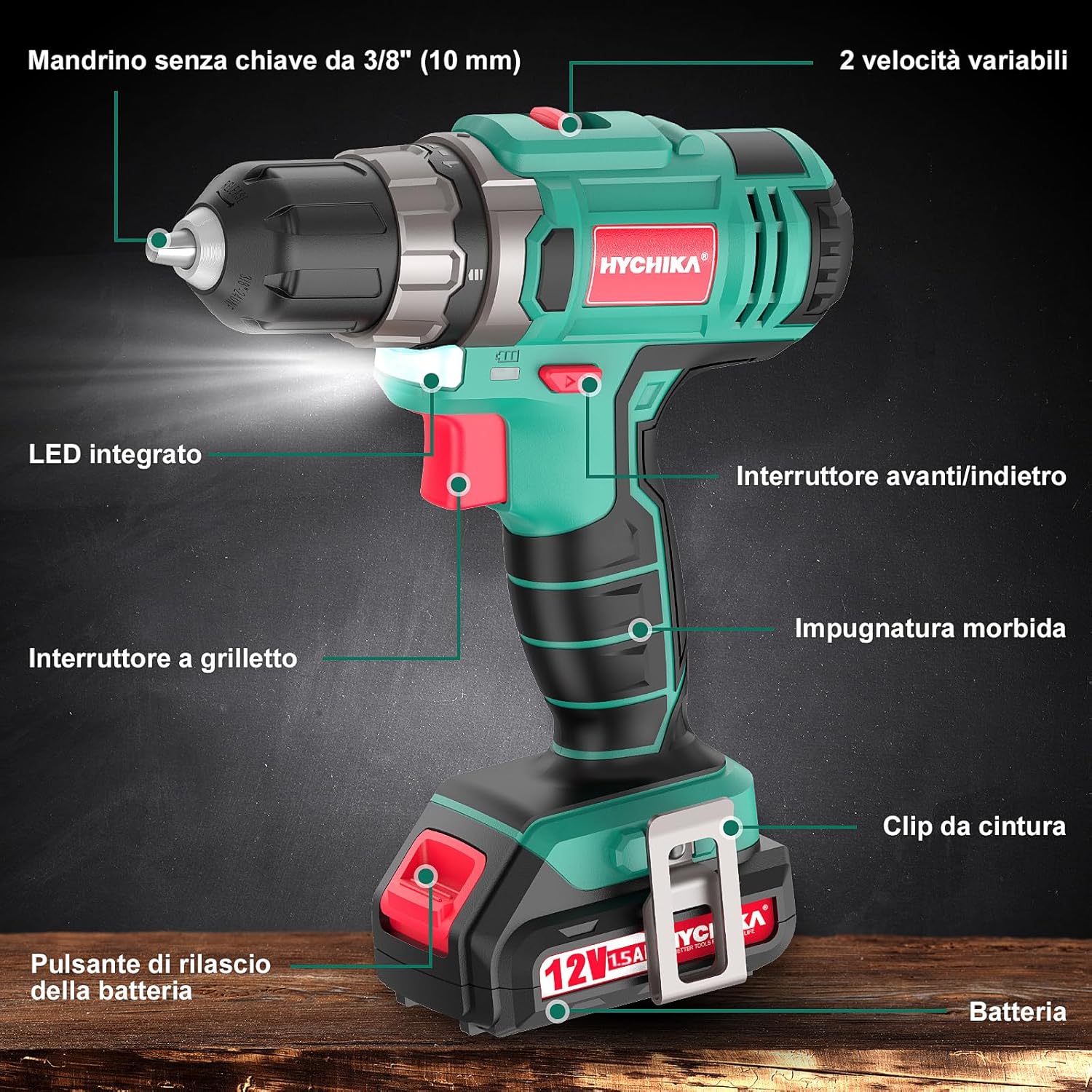 Detalle de HYCHIKA Trapano Avvitatore a Batteria 12V con Kit 104 pezzi – Attrezzi fai da te
