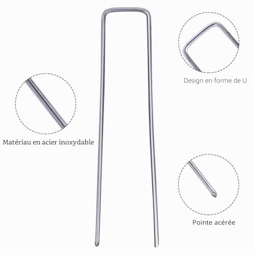 Detalle de OUNUO 50 pièces piquets de fixation en acier galvanisé – 150 mm x 25 mm x Ø3 mm, pour toile de paillage, treillis et filets