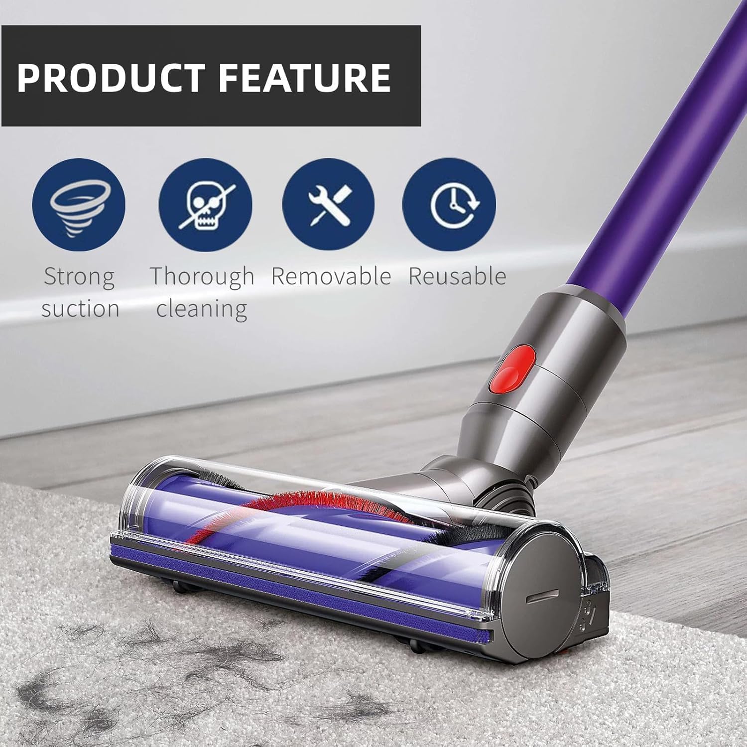 Detalle de Testa di ricambio con sgancio rapido per spazzole motorhead Dyson: compatibile con V7–V15 e testata diretta per pavimenti in legno e tappeti SV